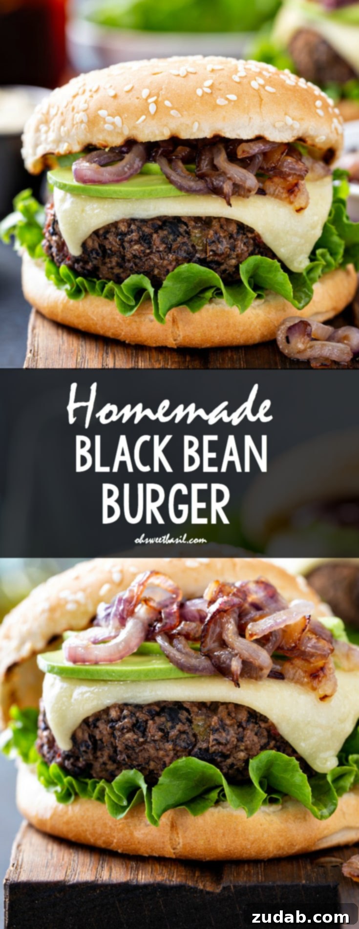 Your New Favorite Homemade Black Bean Burger 14 A black bean burger on a sesame seed bun. It is dressed with onions, cheese and lettuce, with perfect grill marks.