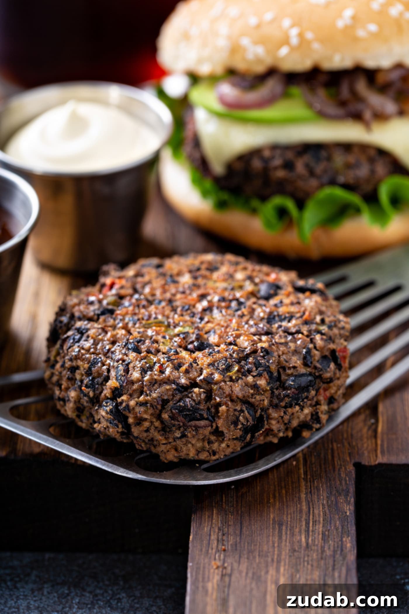 Your New Favorite Homemade Black Bean Burger 9 A cooked black bean burger patty rests on a spatula, ready to be served, with a small cup of mayo and a fully dressed burger (lettuce, cheese, avocado, onions) on a sesame seed bun blurred in the background.
