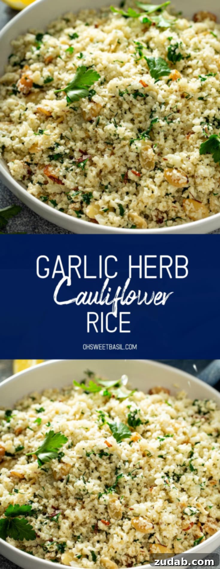 Savory Garlic Herb Cauliflower Rice 3 A serving bowl filled with garlic herb cauliflower rice. You can see the green herbs in the rice and there is a wooden spoon filled with cauliflower rice resting in the bowl, inviting a taste.