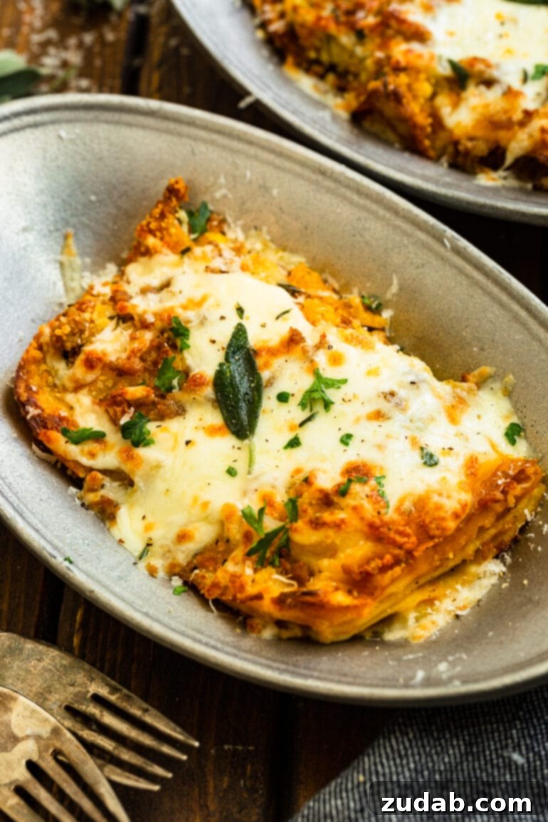 a photo of a serving of pork and butternut squash lasagna sitting on a plate topped with melty cheese
