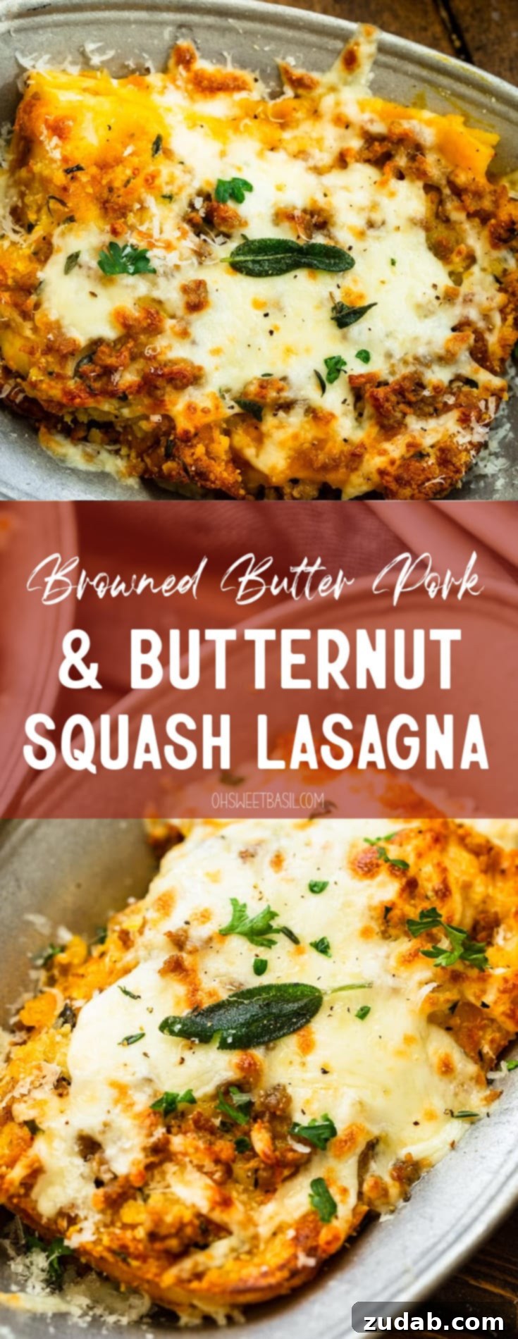 a photo of a large serving of butternut squash lasagna on a serving dish topped with melted cheese and fresh parsley and sage.