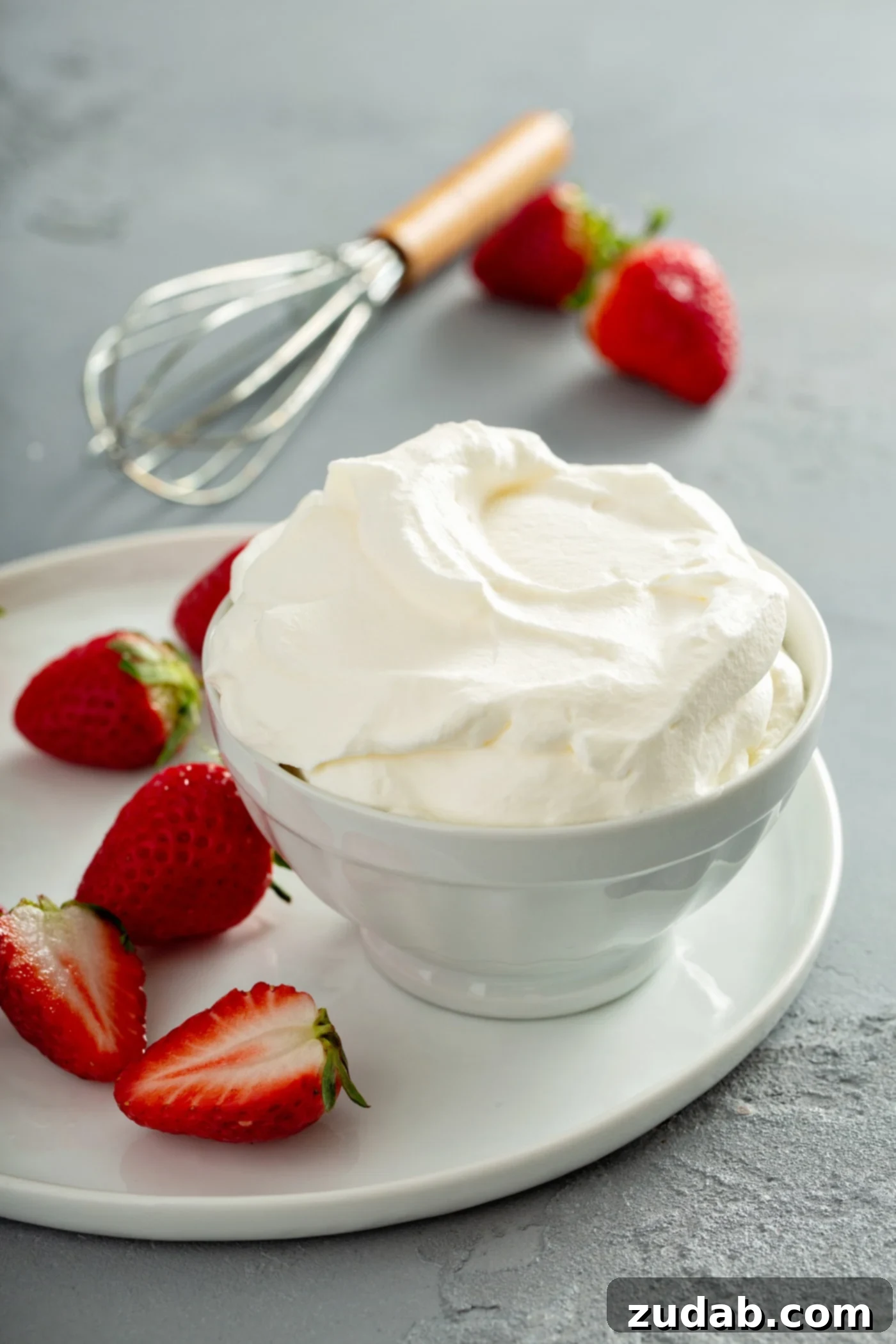 Simply Delicious Homemade Whipped Cream 2 A bowl of freshly made whipped cream, perfectly piped, surrounded by vibrant red strawberries on a white plate. A whisk and more strawberries are blurred in the background, suggesting fresh ingredients and preparation.