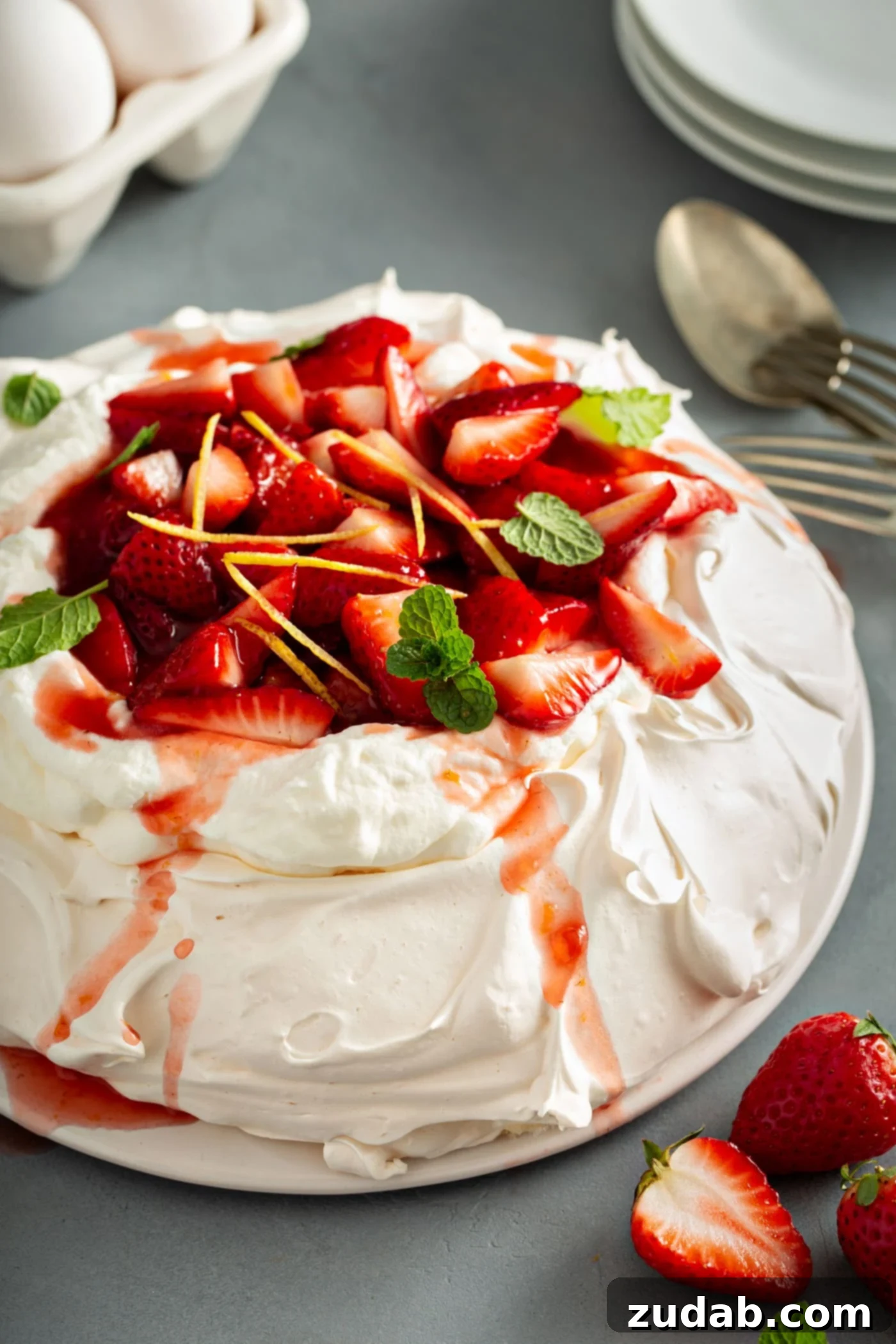 Pavlavo topped with whipped cream and sliced strawberries. A few strawberries and a spoon are on the table next to the pavlova.