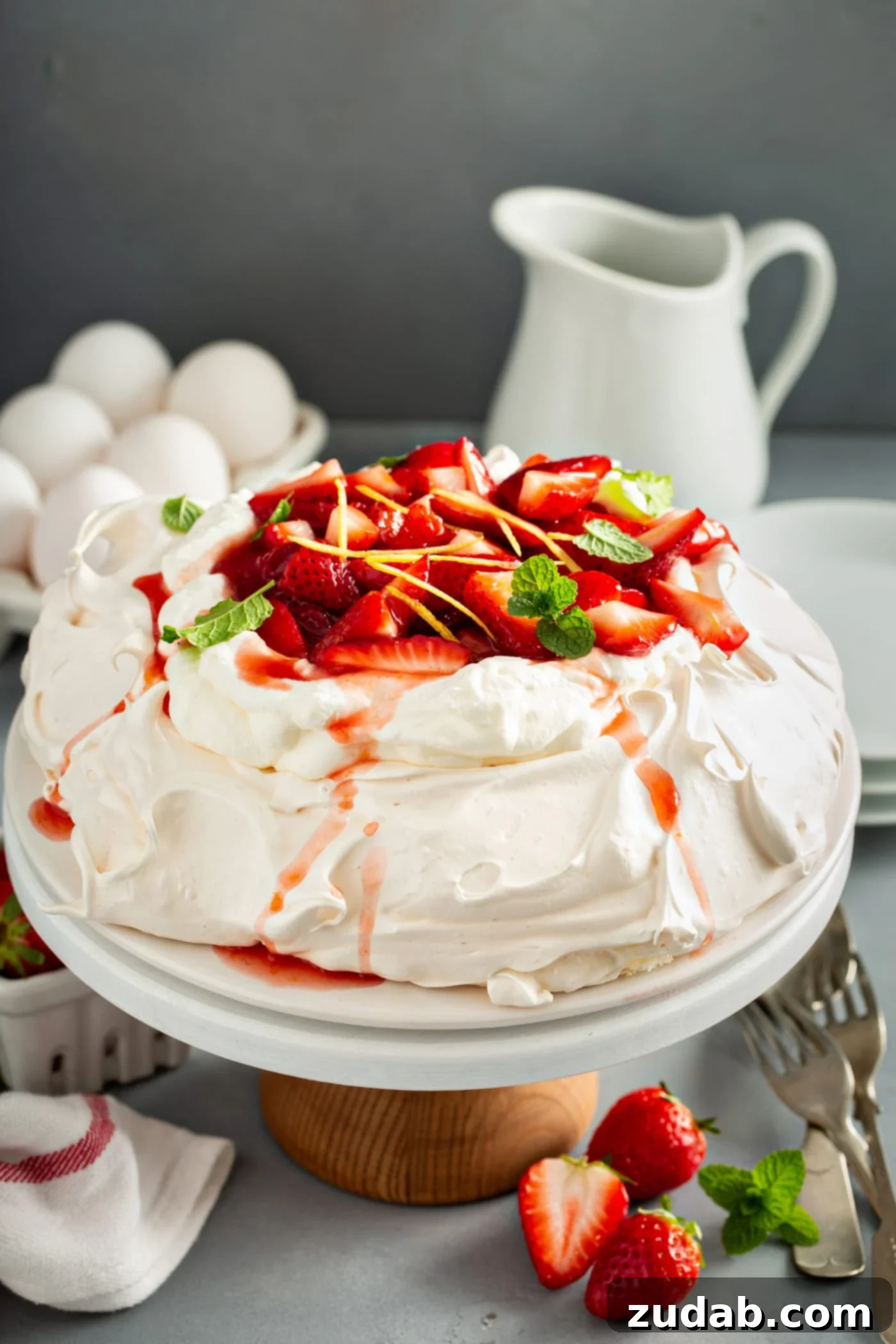 A serving plate containing pavlova topped with fresh whipped cream and sliced strawberries with slivers of lemon rind and mint leaves. There is a carton of white eggs, a carton of white eggs, a white pitcher and a stack of white dessert plates are in the background.