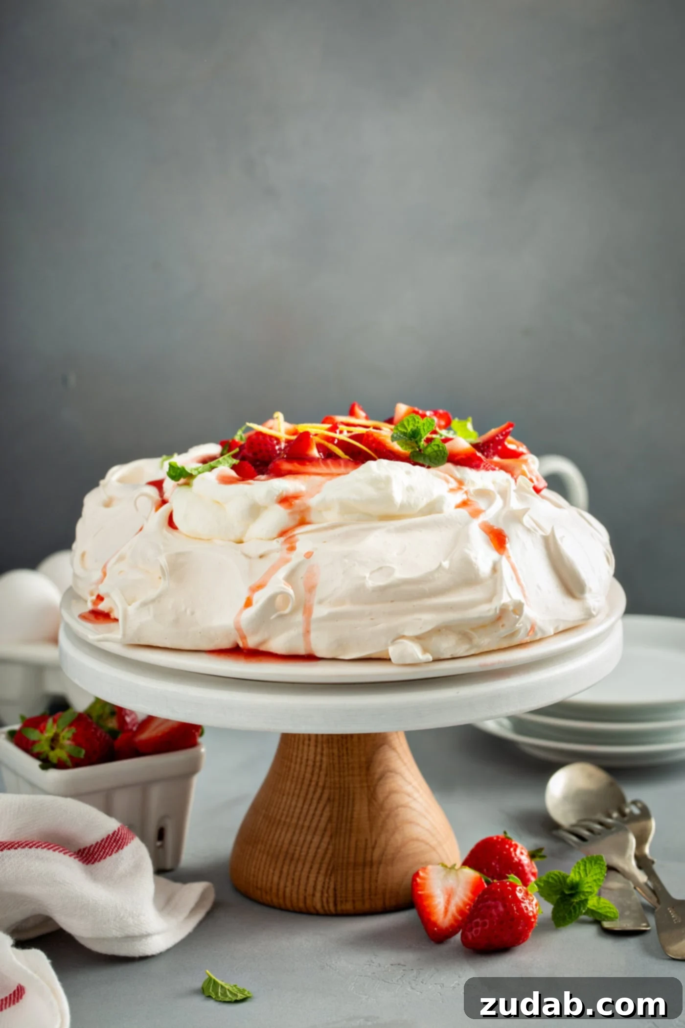 A cake platter holding pavlova that has been topped with sliced strawberries, slivers of lemon rind, and mint leaves. There are three white dessert plates, a carton of eggs, a container of strawberries, red striped kitchen towel and forks and spoons laying on the table around the platter of pavlova.