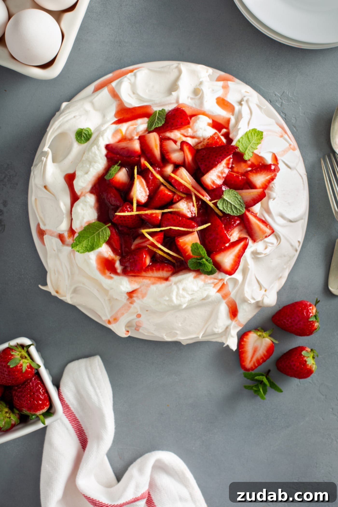 Pavlova topped with whipped cream, sliced strawberries, slivers of lemon rind, and mint leaves. There is a container of strawberries, three strawberries laying next to the pavlova and a fork and spoon.