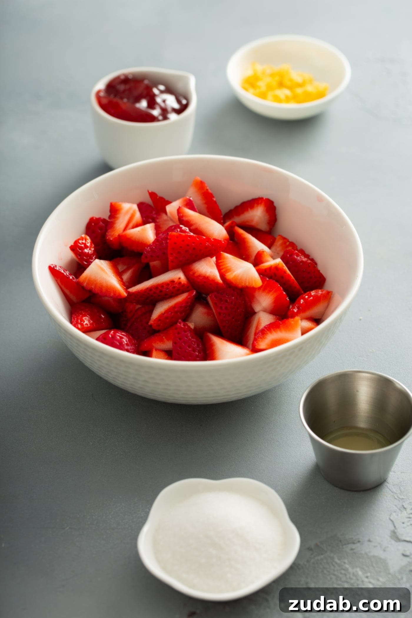 A white bowl containing sliced strawberries. There is a small silver container with lemon juice, and bowl of whipped cream, a container of jam and a small bowl of slivered lemon rind, and a small container of sugar surrounding the bowl of strawberries.