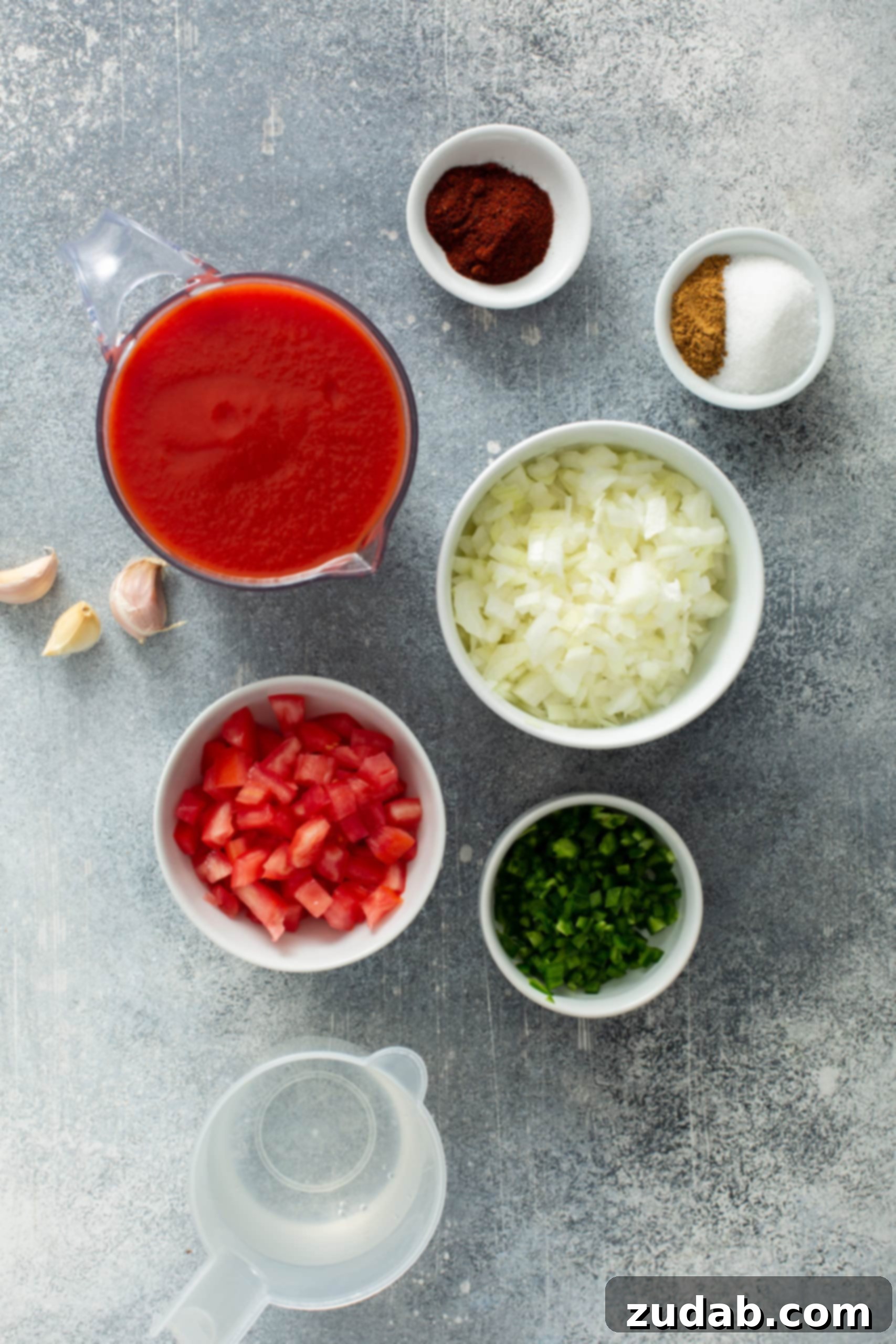 Homemade Red Enchilada Sauce Small containers holding finely chopped onion, minced jalapeno, diced fresh tomatoes, an assortment of aromatic spices, and a few cloves of fresh garlic, illustrating the simple, fresh ingredients for homemade red enchilada sauce.