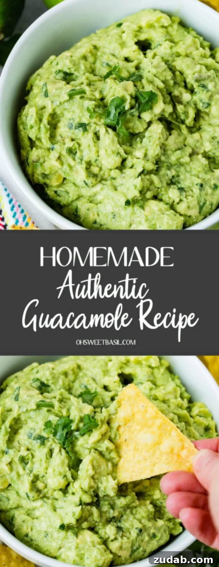 The Ultimate Homemade Authentic Guacamole Recipe 6 A white bowl of fresh guacamole. You can see the cilantro in the guacamole and a few cilantro leaves are on top. There are a few chips on the table next to the bowl.