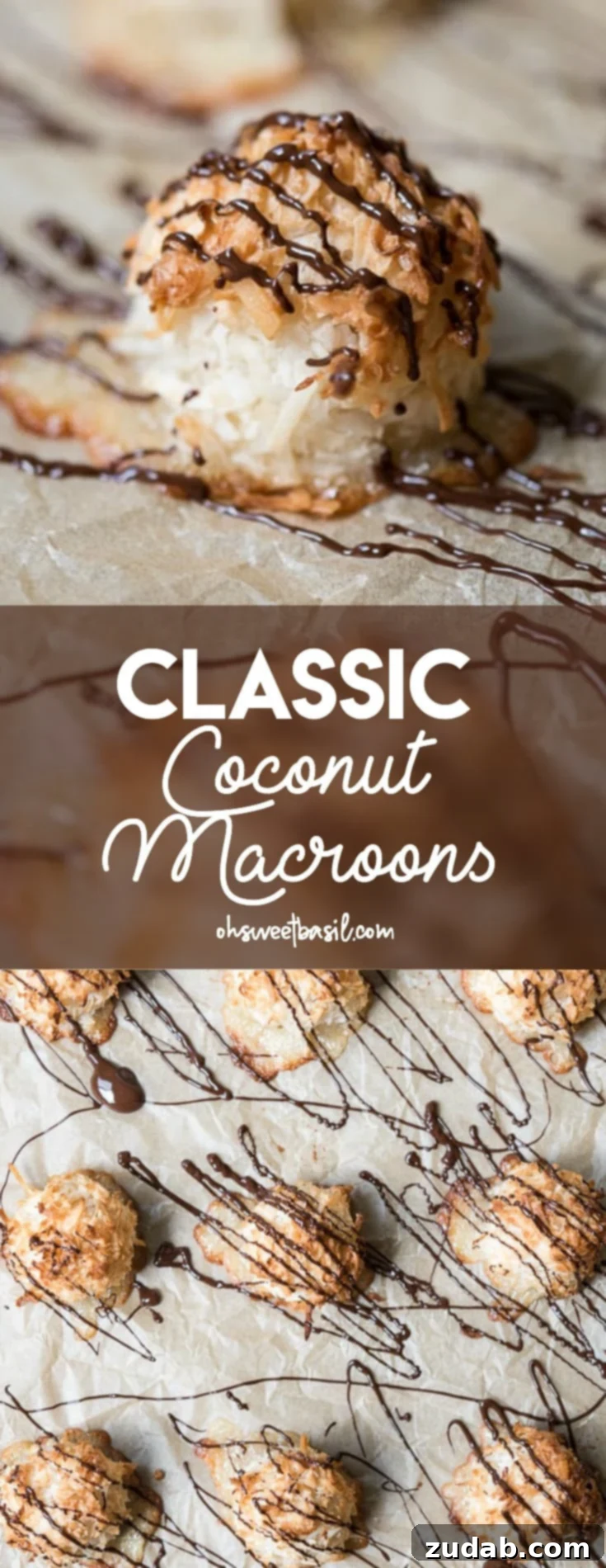 The Ultimate Coconut Macaroons 12 Classic Coconut Macaroons on a baking sheet drizzled with chocolate