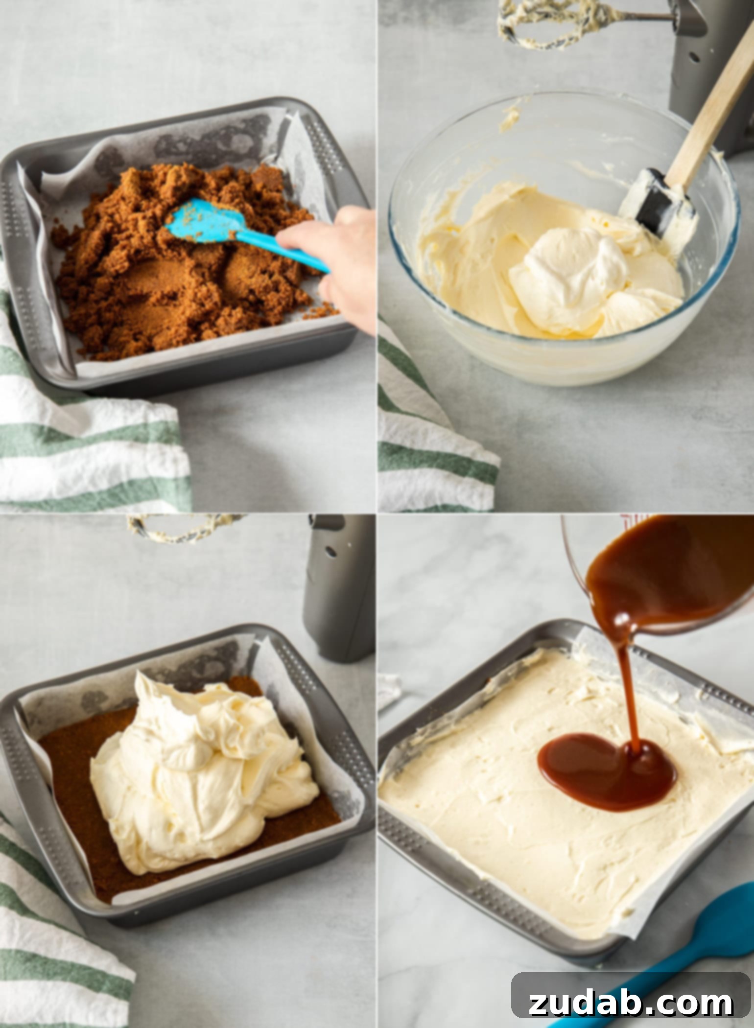 Effortless Caramel Bliss Bars 4 A visual guide showing the progression of making caramel cheesecake bars, from crust to caramel drizzle