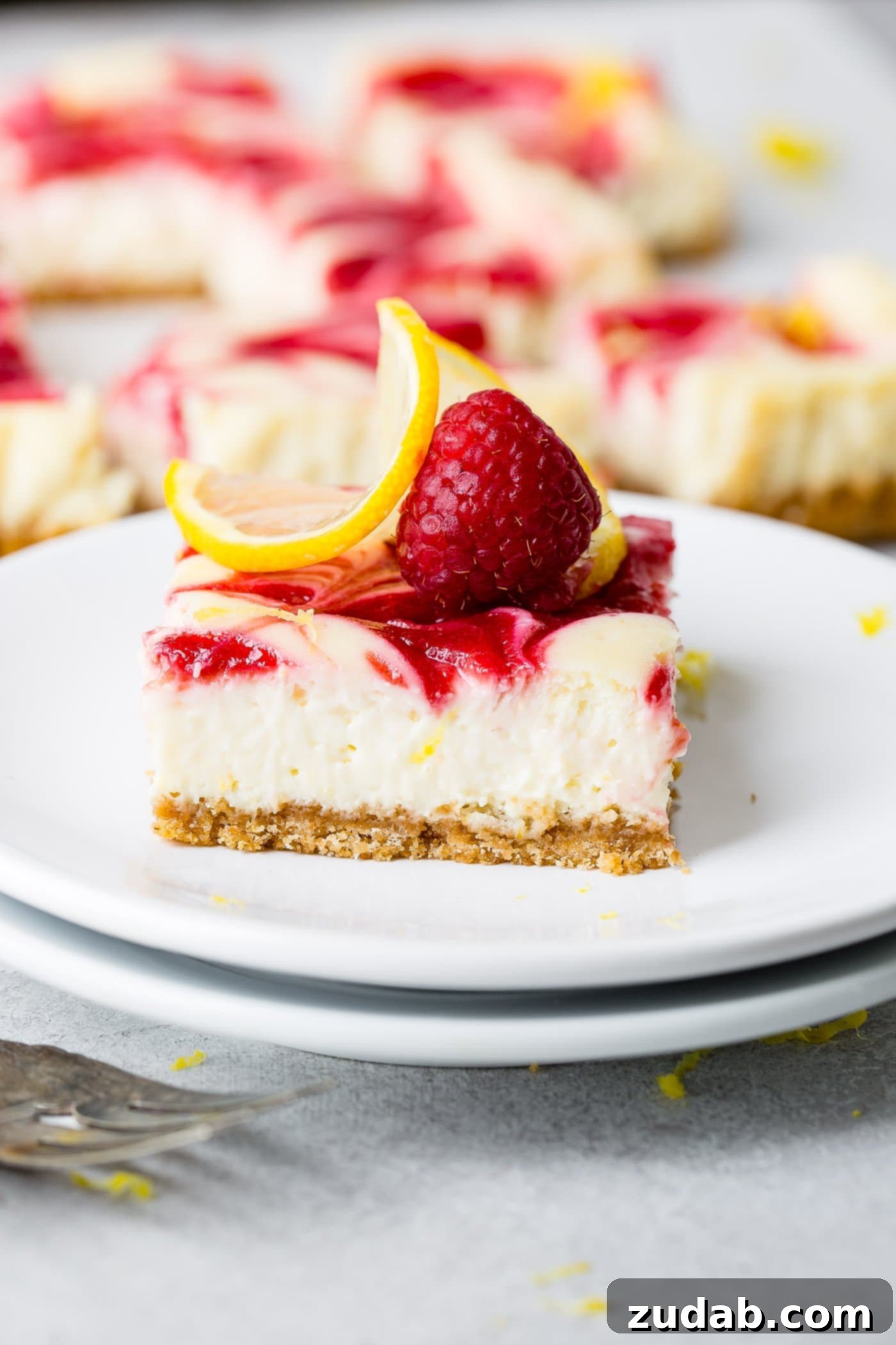 Zesty Berry Cheesecake Swirls 3 A single serving of swirled raspberry lemon cheesecake on a pristine white dessert plate. The bar features a golden graham cracker crust, a pale yellow lemon cheesecake filling, and intricate swirls of bright red raspberry sauce on the surface, garnished with a thin slice of lemon and a fresh raspberry.