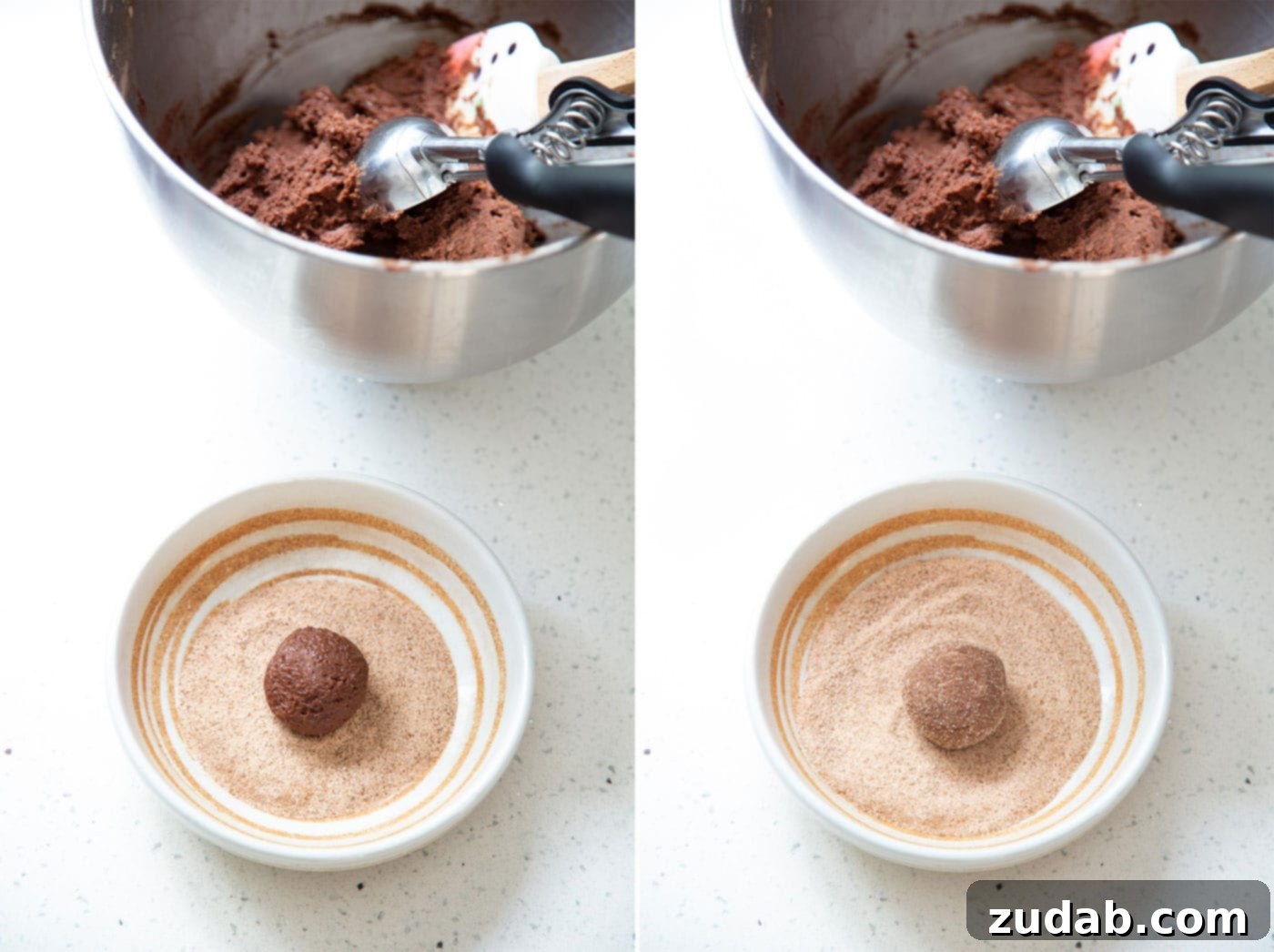 Rolling Chocolate Snickerdoodle Dough Hands rolling chocolate cookie dough into balls and coating them in cinnamon sugar