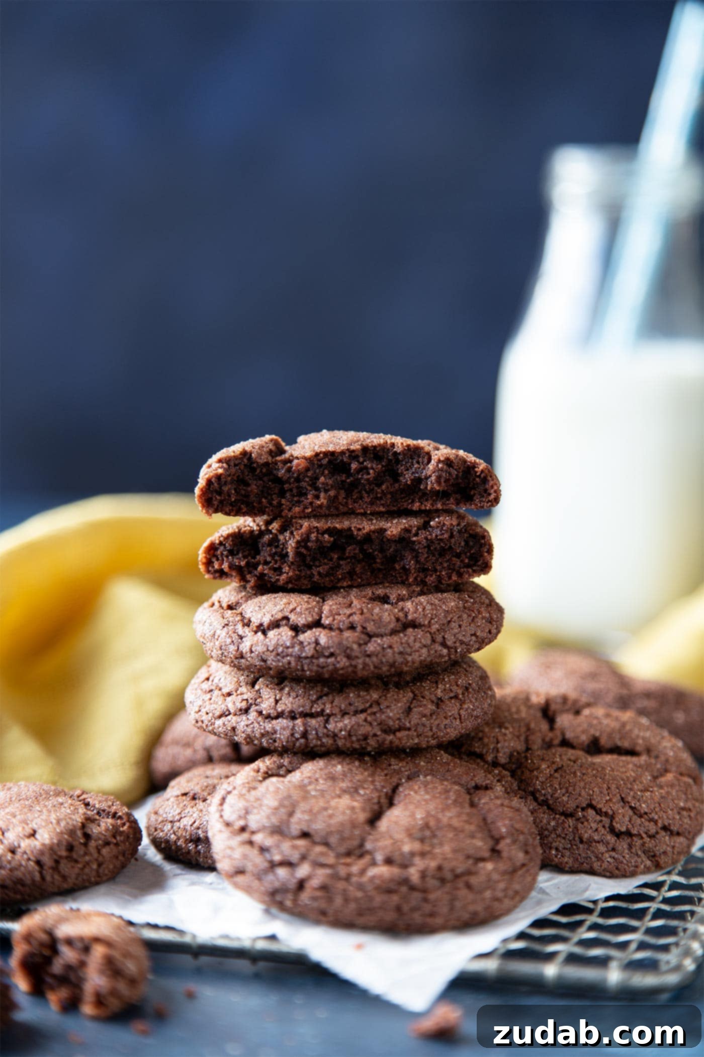 Decadent Chocolate Snickerdoodles 2 A close-up of a stack of chocolate snickerdoodle cookies with a rich, dark color and prominent cinnamon-sugar coating