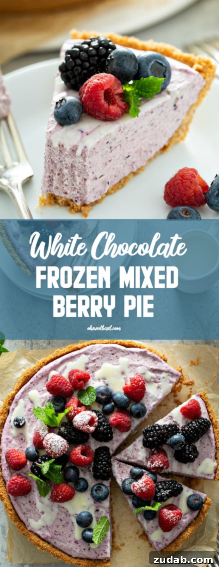 White Chocolate Berry Icebox Pie 16 A berry white chocolate pie that has been sliced. A slice has been removed and two more slices are separated. The pie has a graham cracker crust and is topped with strawberries, blue berries and raspberries. A few mint leaves are scattered on top of the pie and on the table next to the pie. There are two forks, a napkin and a bowl of mixed berries on the table.