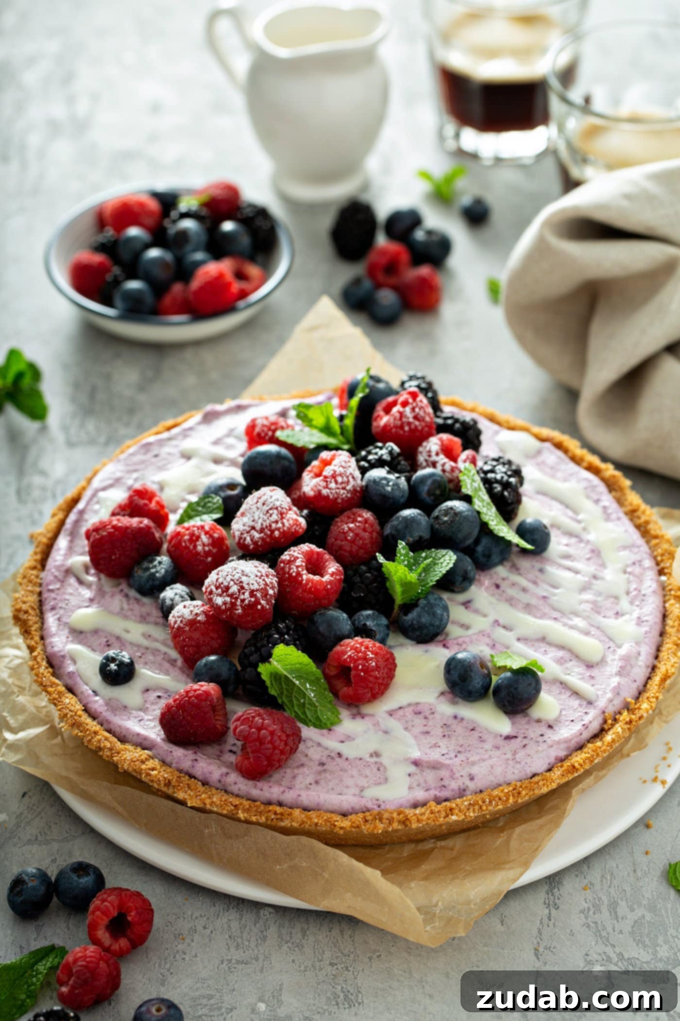 White Chocolate Berry Icebox Pie 4 A whole white chocolate berry pie with mixed berries and mint leaves on top. A bowl of mixed berries is in the background and there are berries, mint leaves and a napkin on the table.