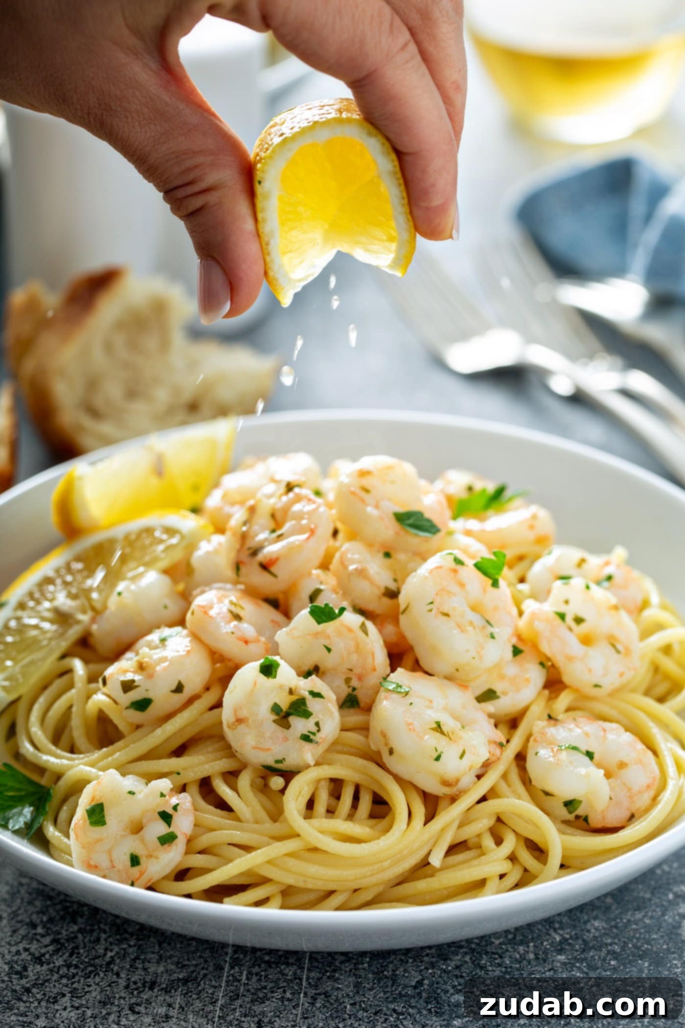 Lemon Garlic Shrimp A vibrant serving plate of lemon garlic shrimp elegantly arranged over a bed of pasta. Two fresh lemon wedges garnish the side, while a generous sprinkling of fresh parsley adds a pop of green. In the soft-focus background, crusty bread, three forks, and salt and pepper shakers hint at a delicious meal, with a hand gently squeezing a lemon wedge over the shrimp, enhancing its fresh aroma.