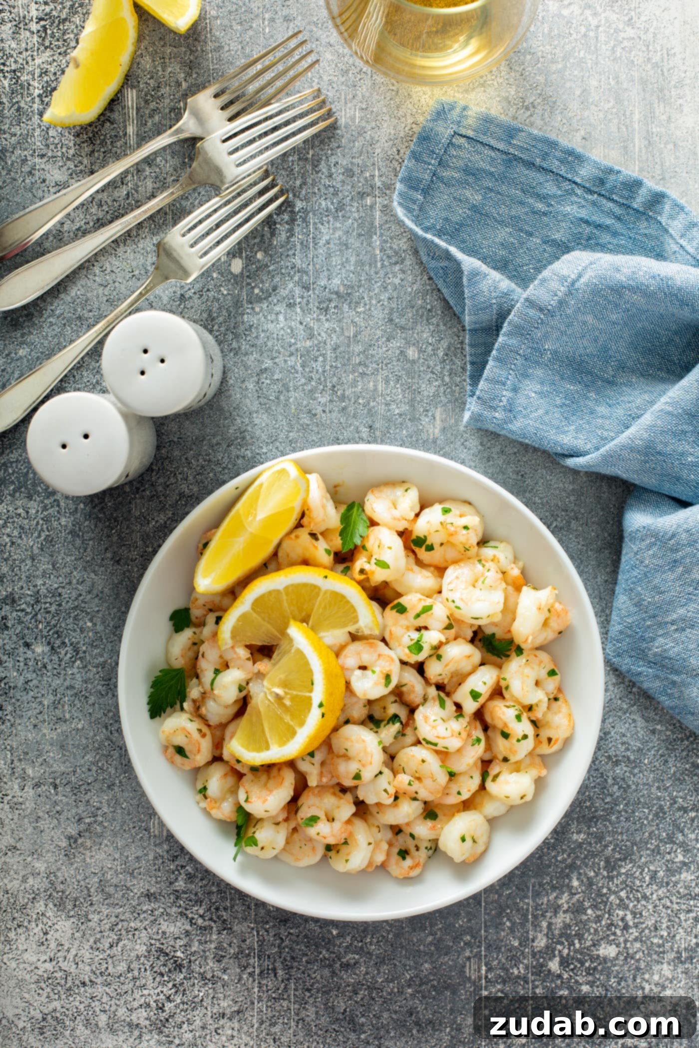 Nutritional Benefits of Shrimp A pristine serving plate showcasing lemon garlic shrimp, elegantly garnished with three bright lemon wedges and a generous sprinkle of fresh parsley. A stylish blue napkin, three forks, and classic salt and pepper shakers are arranged in the background, creating a complete and inviting dining scene.