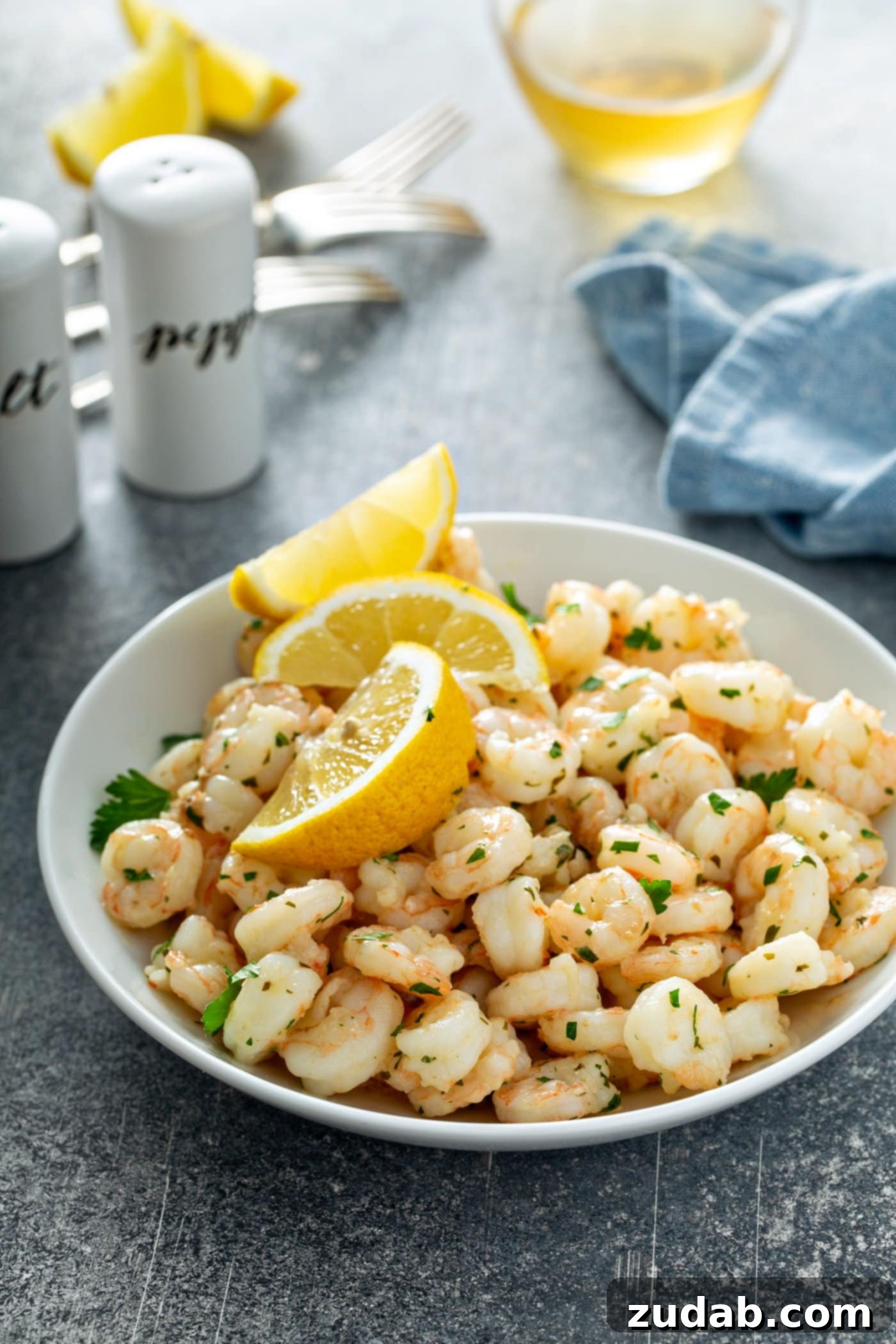 How to Cook Shrimp Perfectly A pristine white dish generously filled with vibrant lemon garlic shrimp. Three bright lemon wedges are artfully placed on top, and the entire dish is beautifully sprinkled with fresh parsley. A crisp blue napkin and elegant white salt and pepper shakers provide a serene background, highlighting the fresh, appealing nature of the quick and easy recipe.
