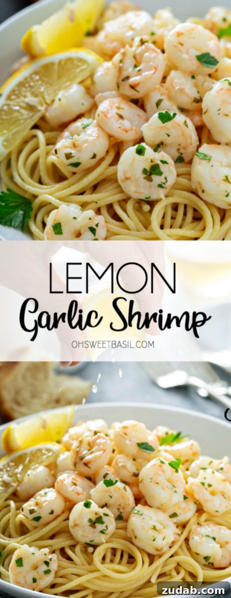Zesty Garlic Shrimp Sensation 3 A vibrant serving plate of lemon garlic shrimp on pasta. There are two lemon wedges on the side and fresh parsley is sprinkled on top. There is some bread, three forks, and salt and pepper shakers in the background. A lemon wedge is being squeezed over the plate of shrimp.