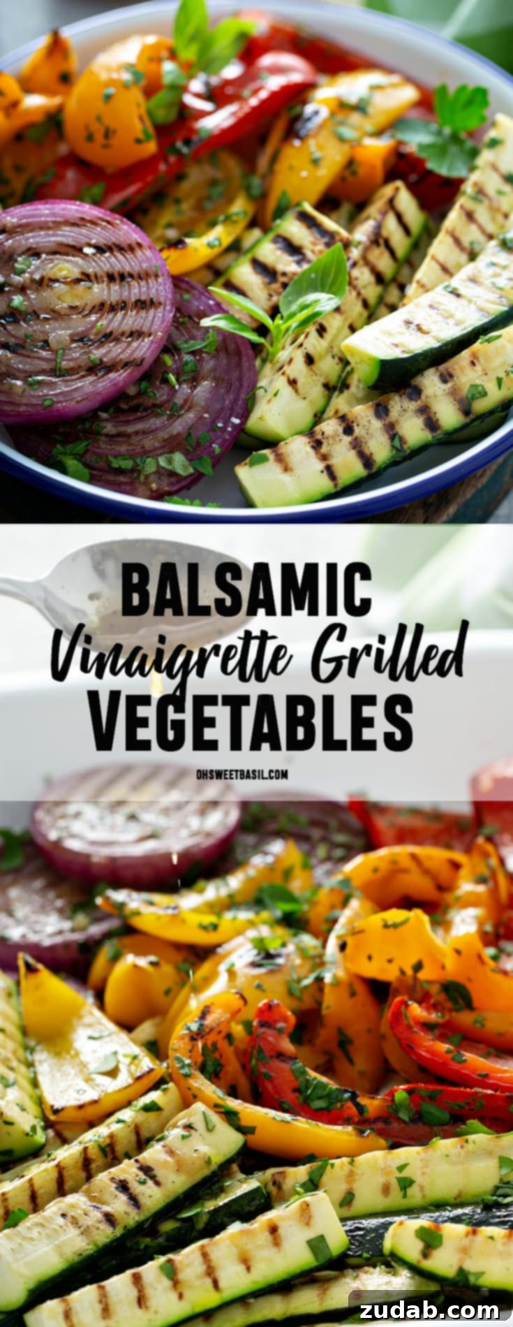 Grilled Vegetables with Balsamic Vinaigrette 16 A large serving dish filled with perfectly grilled zucchini wedges, sliced red onions, and vibrant red and yellow bell peppers, all beautifully charred with grill marks and garnished generously with fresh parsley leaves.