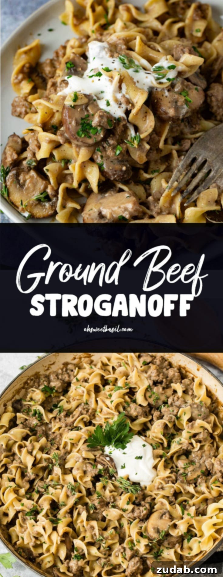 Quick and Creamy Ground Beef Stroganoff 3 ground beef stroganoff in a serving bowl. There are noodles, and ground beef in a sauce, with a spoonful of sour cream on top.