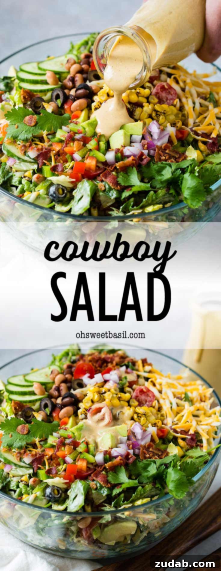 Chuckwagon Salad 7 a bowl of salad with veggies, cheese and bacon with a bbq salad dressing being poured on top