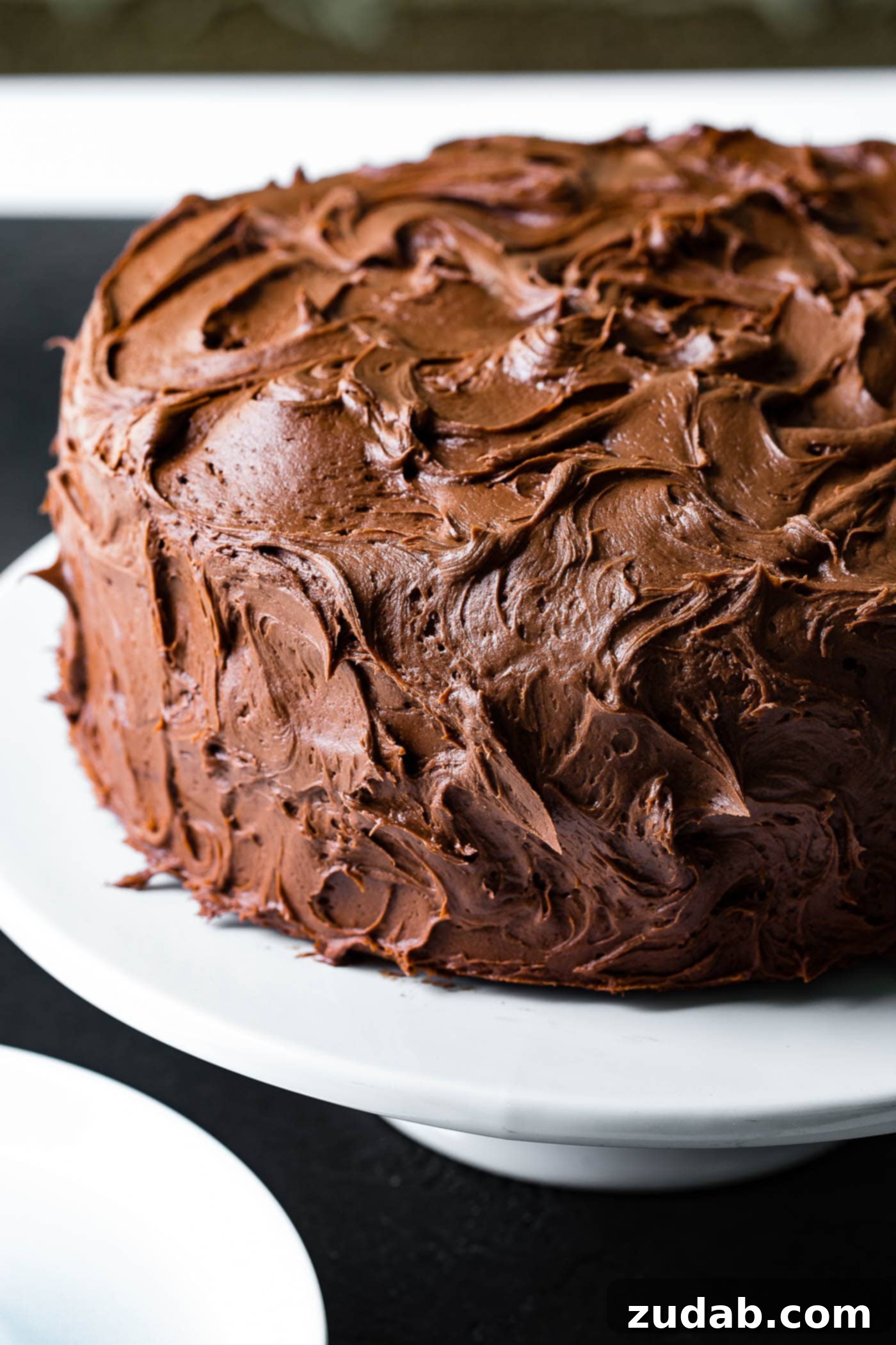 The Most Perfect Moist Chocolate Cake A tall, indulgent slice of layer cake with rich, fudge-like chocolate frosting.