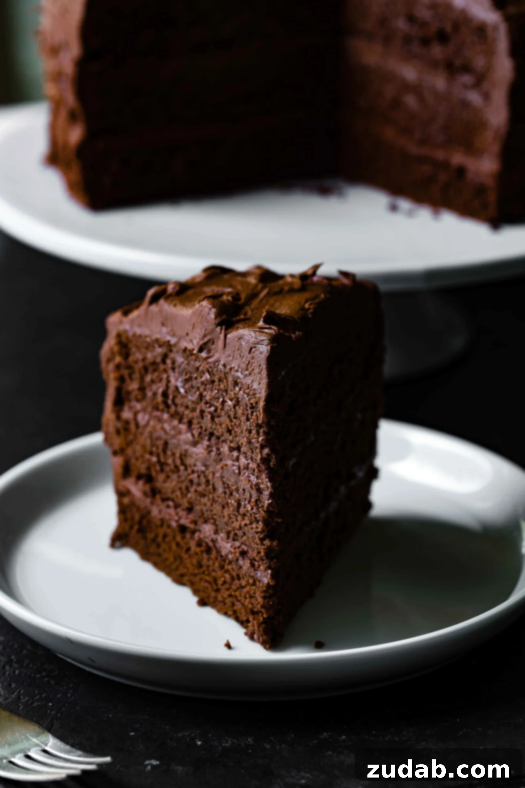 The Most Perfect Moist Chocolate Cake A slice of chocolate layer cake with chocolate frosting. Chocolate frosting is spread between each layer and on the top and sides of the cake. There is a cake plate with chocolate cake in the background, hinting at more deliciousness.