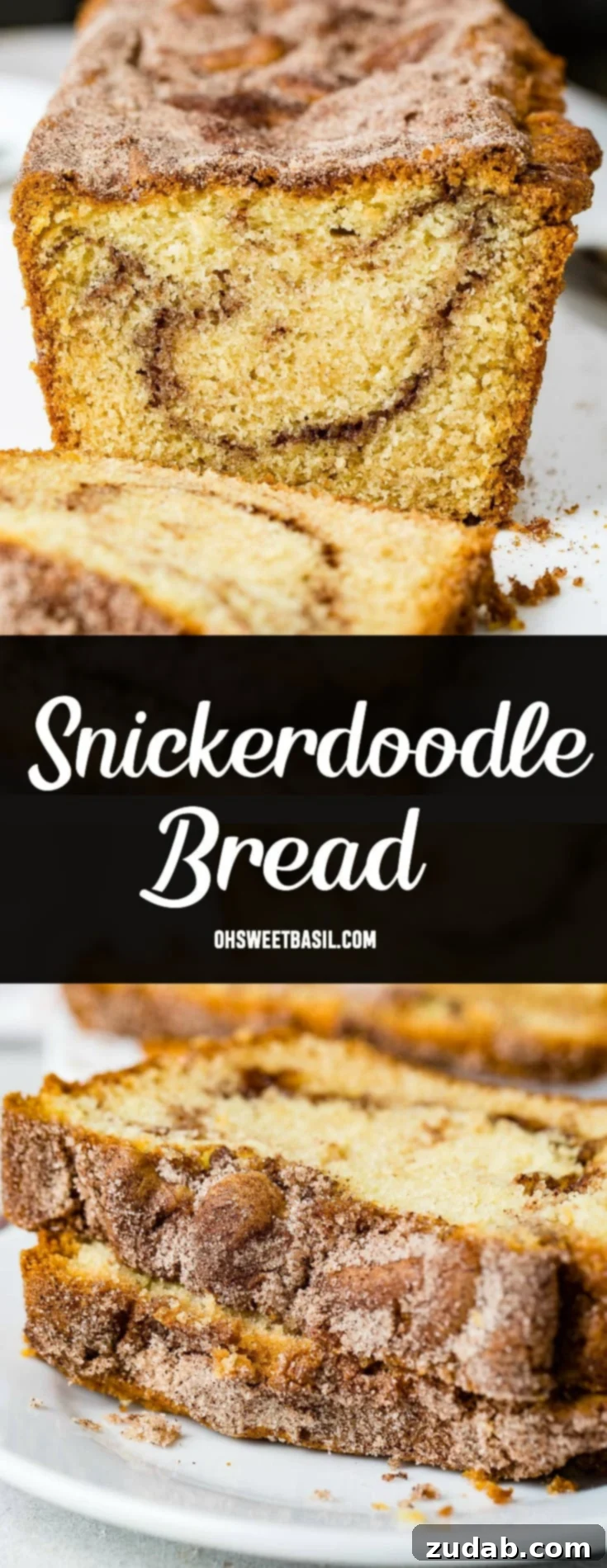 Snickerdoodle Swirl Bread 7 A loaf of snickerdoodle bread that has been partially sliced. There is a swirl of cinnamon sugar in the bread.