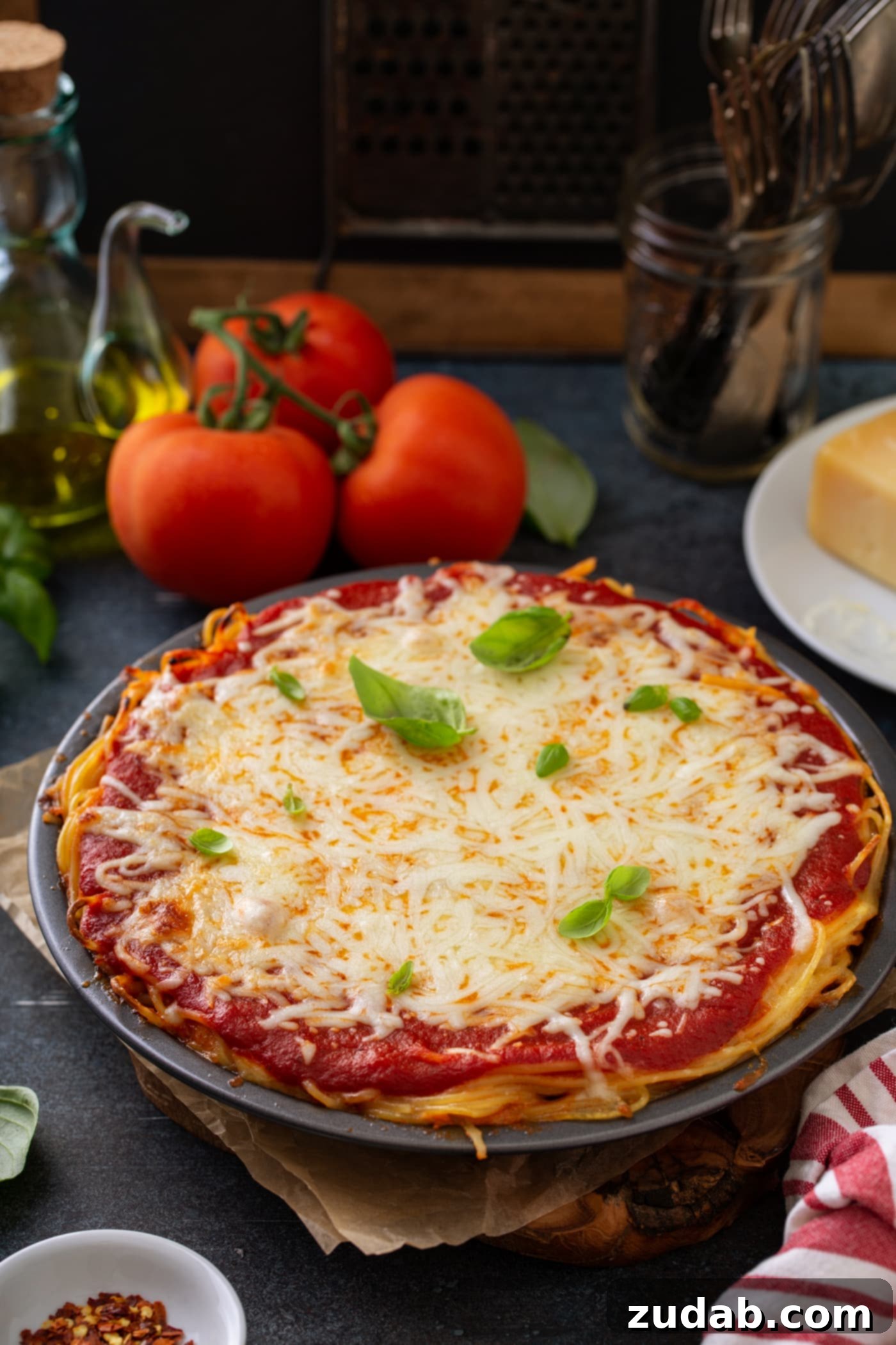 Baked Spaghetti Pie A deep pie dish filled with a golden-brown baked spaghetti pie. Visible layers include a spaghetti noodle base, a generous portion of rich spaghetti sauce, and a topping of melted, bubbling cheeses. A few fresh basil leaves are scattered over the top for garnish. In the soft-focus background, three vibrant red tomatoes, a bottle of olive oil, and bay leaves are artfully arranged, suggesting a fresh, Italian culinary theme.