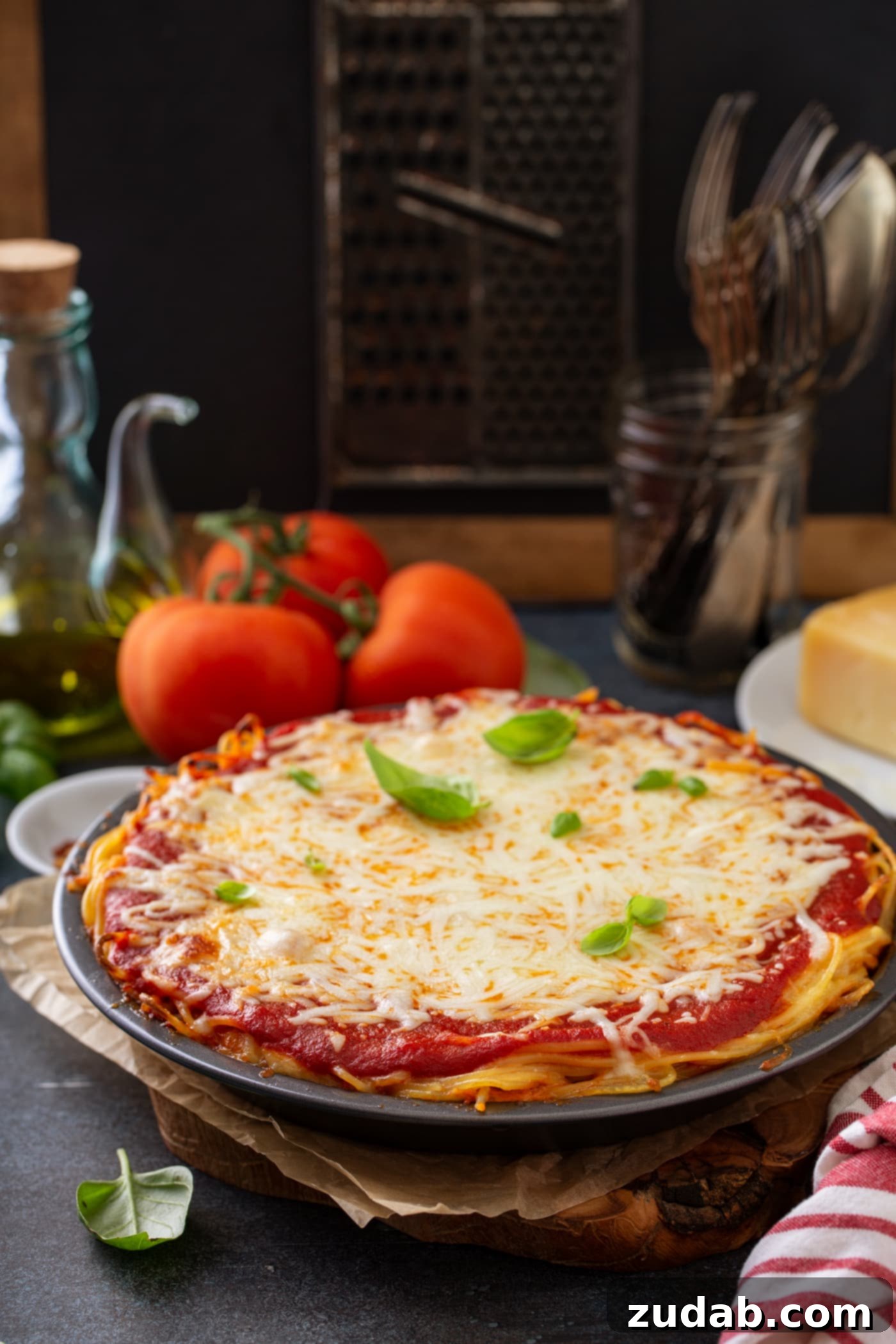 Baked Spaghetti Pie A perfectly baked spaghetti pie nestled in a pie dish, positioned on a wooden surface. The top layer is a golden-brown melted shredded cheese, lightly garnished with a few fresh basil leaves. The distinct layers of spaghetti noodles and spaghetti sauce are visible beneath the cheese. In the background, subtly blurred, are three vibrant red tomatoes, a bottle of olive oil, a wedge of cheese, and a jar filled with forks, creating an inviting and complete culinary scene.