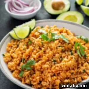 A bowl of Spanish rice with cilantro leaves sprinkled on top. there are three lime wedges on the edge of the bowl and a bowl of sliced red onion and an avocado that has been cut in half and two forks and two spoons in the background.