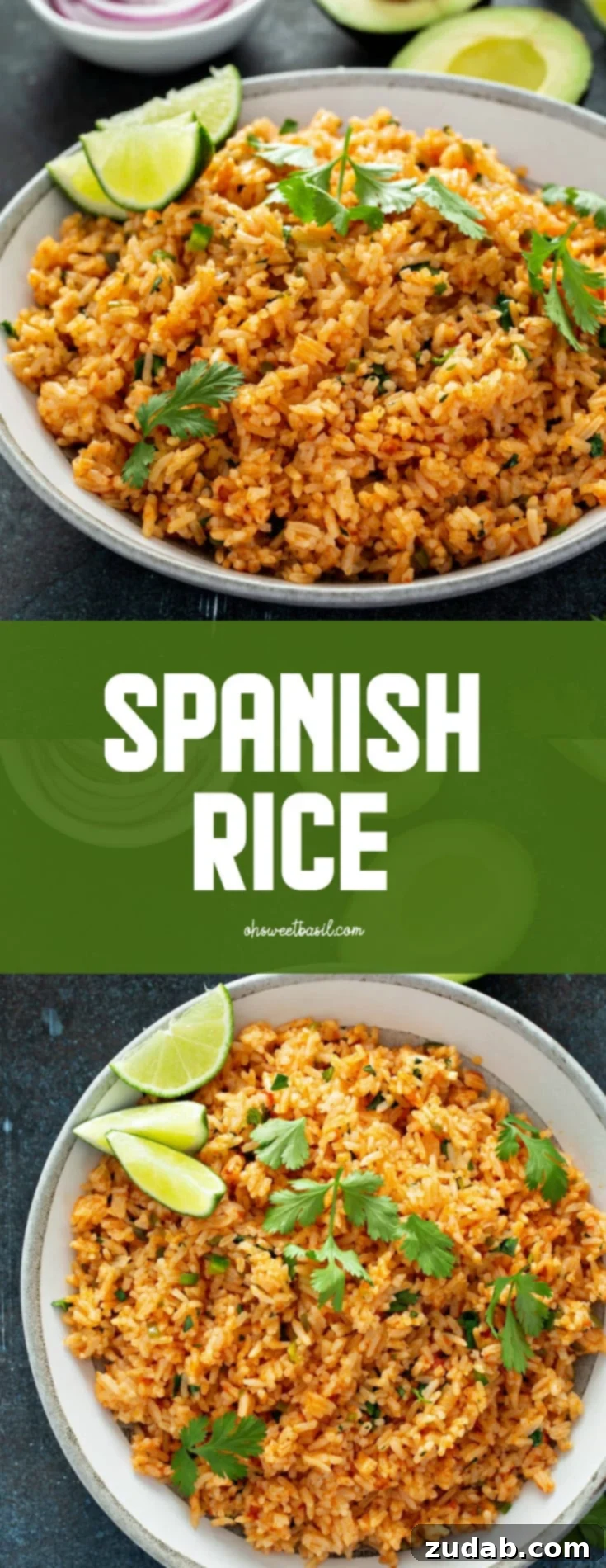 A bowl of Spanish rice. It has cilantro leaves sprinkled on top and three lime wedges on the edge. There is an avocado that has been cut in half and a baking dish of enchiladas in the background.