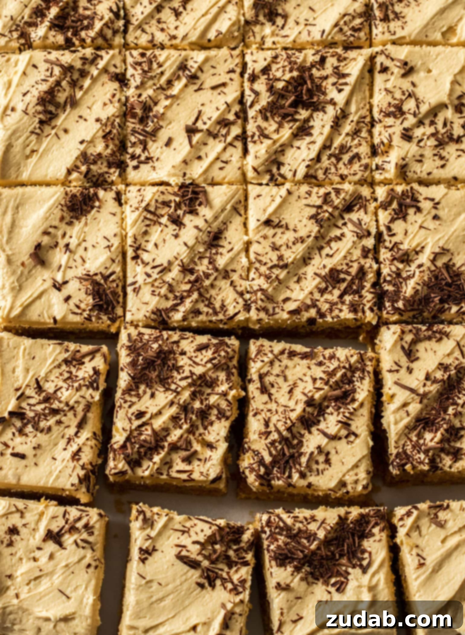 Ultimate Peanut Butter Sheet Cake 3 A close-up shot of the lusciously creamy peanut butter frosting, generously sprinkled with delicate chocolate shavings, highlighting its smooth texture and rich appearance.