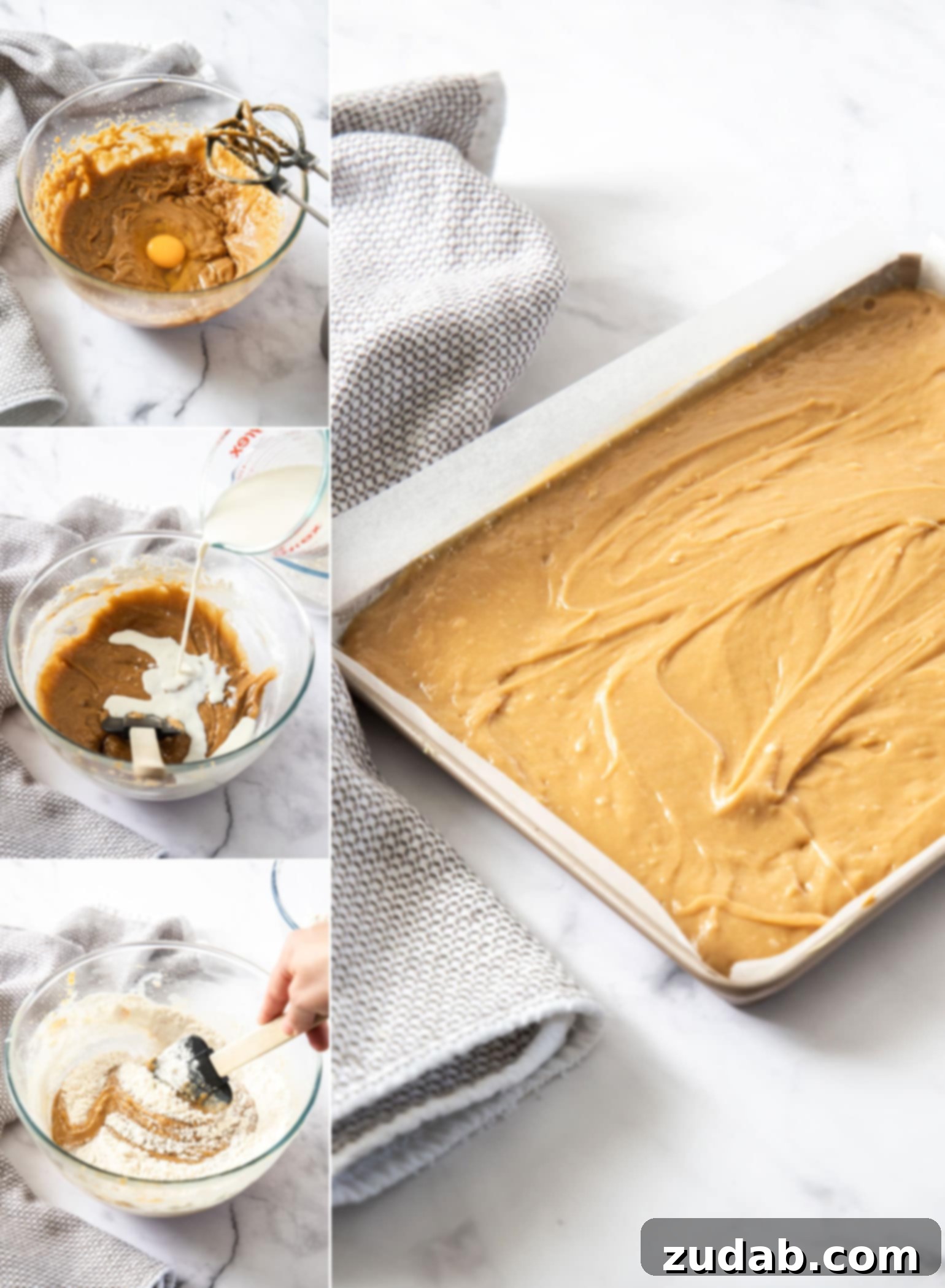 Ultimate Peanut Butter Sheet Cake 4 A visual guide showing a montage of six step-by-step photos illustrating how to easily make a homemade peanut butter sheet cake, from mixing ingredients to spreading frosting.