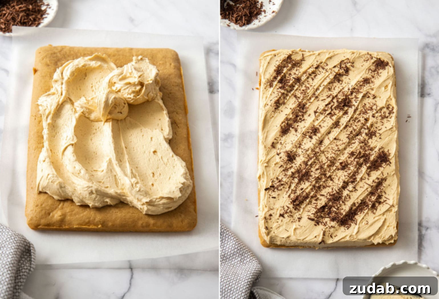 Ultimate Peanut Butter Sheet Cake 5 Two enticing images showcasing a beautifully frosted peanut butter sheet cake. The first image offers a wide view of the entire cake, while the second is a close-up of the smooth, creamy peanut butter frosting, ready to be devoured.
