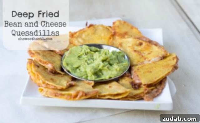 Delicious deep-fried bean and cheese quesadillas served with a vibrant bowl of fresh guacamole