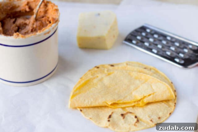 Close-up of crispy bean and cheese quesadillas, showcasing the golden-brown tortillas and savory filling