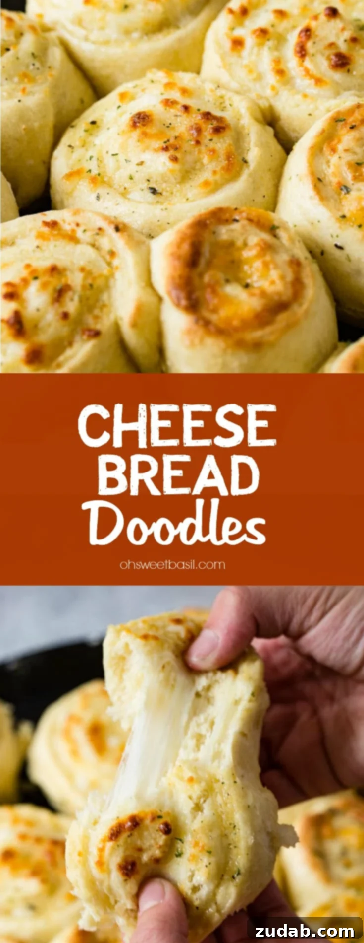 Golden Cheesy Perfection 9 A pan of golden brown baked cheese doodle cheesy garlic bread. The cheese doodles are like cinnamon rolls filled with mozzarella cheese.