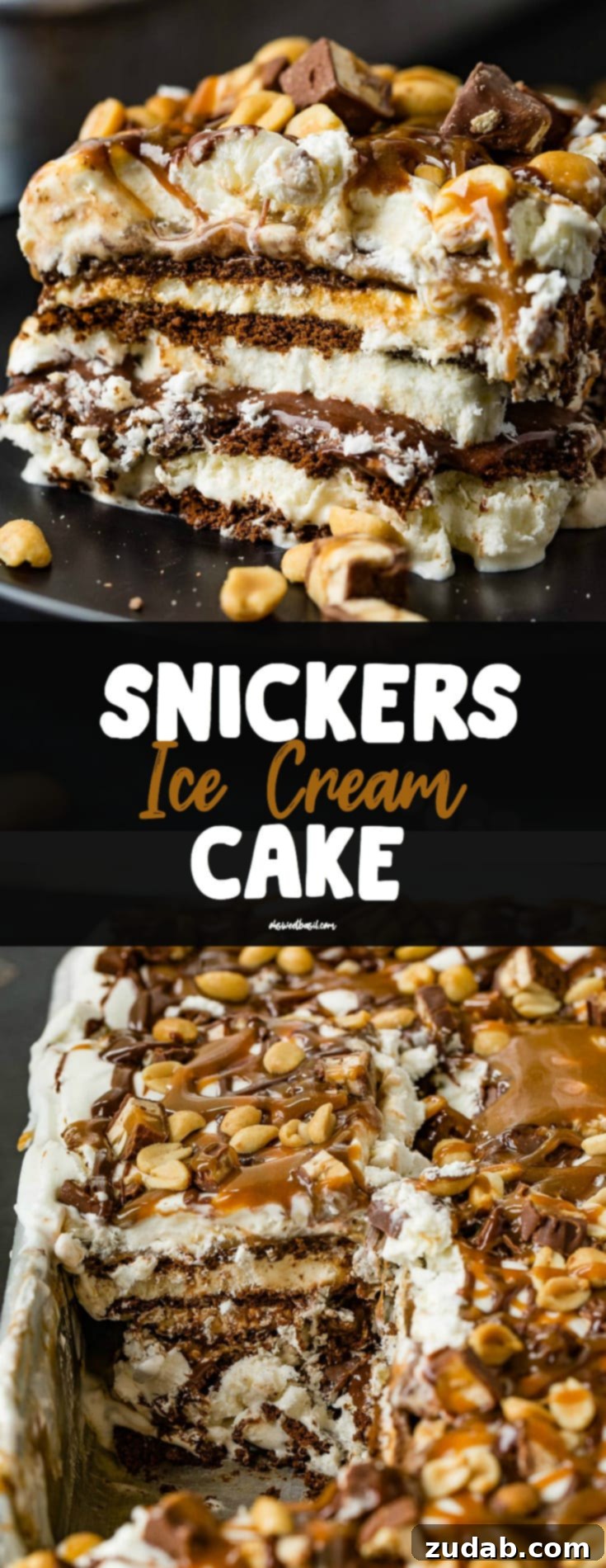 Ultimate Snickers Ice Cream Cake 9 A square piece of snickers ice cream cake on a brown dessert plate. There are layers of ice cream, chocolate cake, fudge, caramel and peanuts. There is fudge and whipped cream on top and salted peanuts are sprinkled over the whole thing. A pan of snickers ice cream cake is in the background.