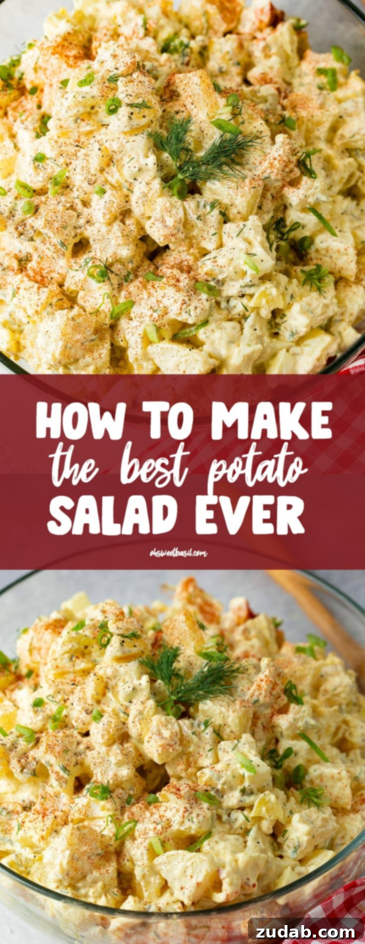 Secrets to the Best Potato Salad Ever 7 A glass serving bowl of potato salad. There are potato chunks, chopped eggs, and fresh dill in the salad and it is sprinkled with paprika and fresh parsley leaves. The bowl is sitting on a table next to a red checked napkin. A wooden spoon is also laying on the table.