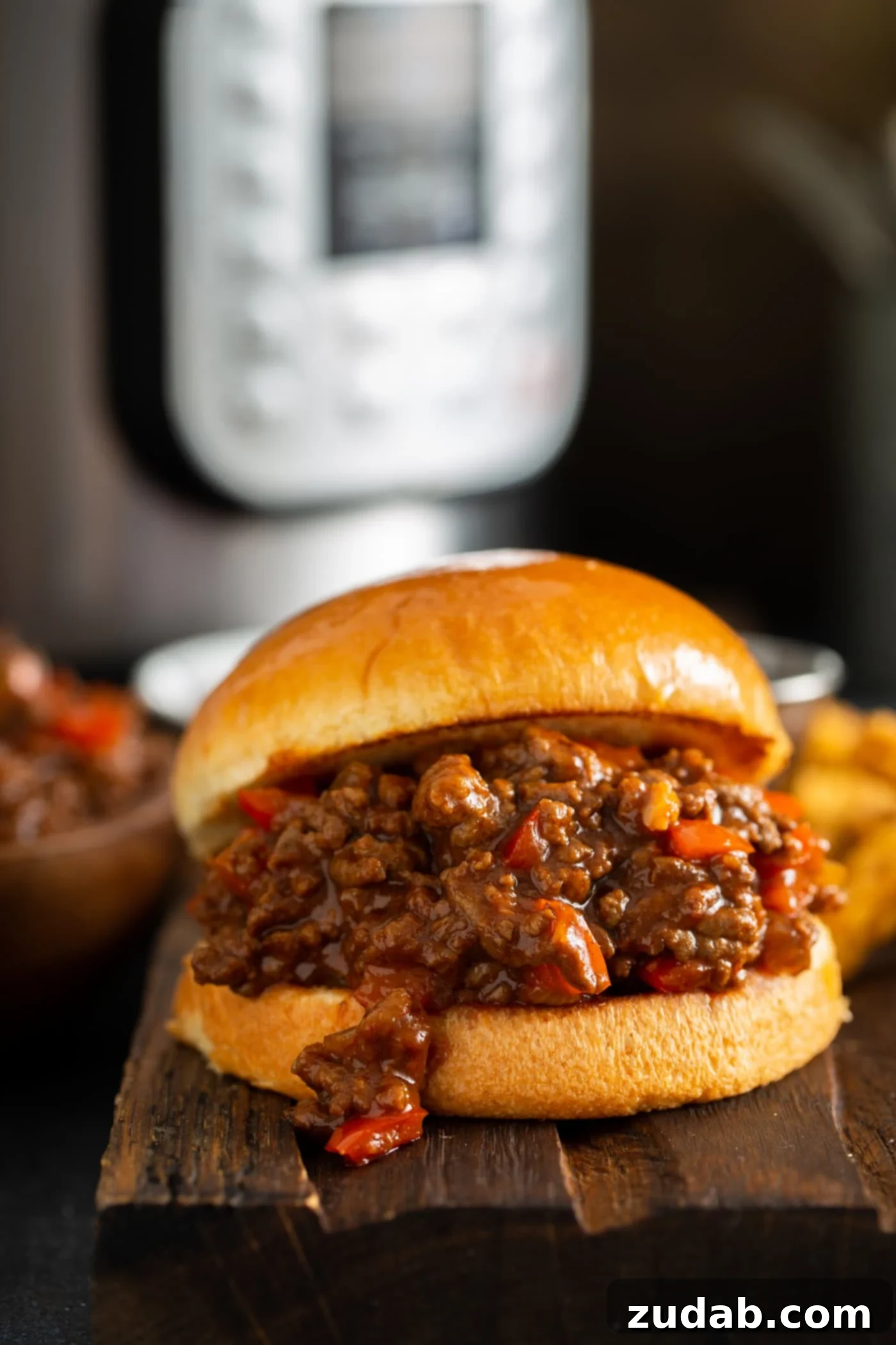 Instant Pot Sloppy Joes Recipe Sloppy joe on a toasted bun. The sloppy joe filling has browned ground beef and chopped red bell peppers in a thick sauce, highlighting sweet and smoky flavors. An Instant Pot sits in the background.