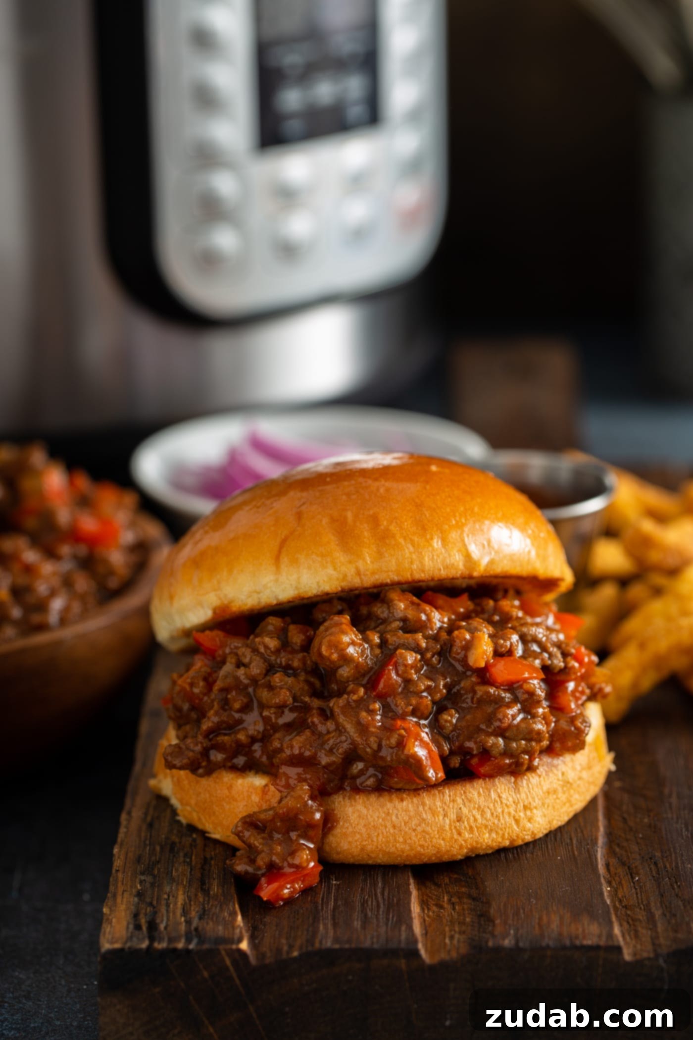 Sloppy Joe Dinner Spread A toasted bun filled with Instant Pot sloppy joes filling, alongside a bowl of extra filling, sliced red onions, and french fries, with an Instant Pot in the background.