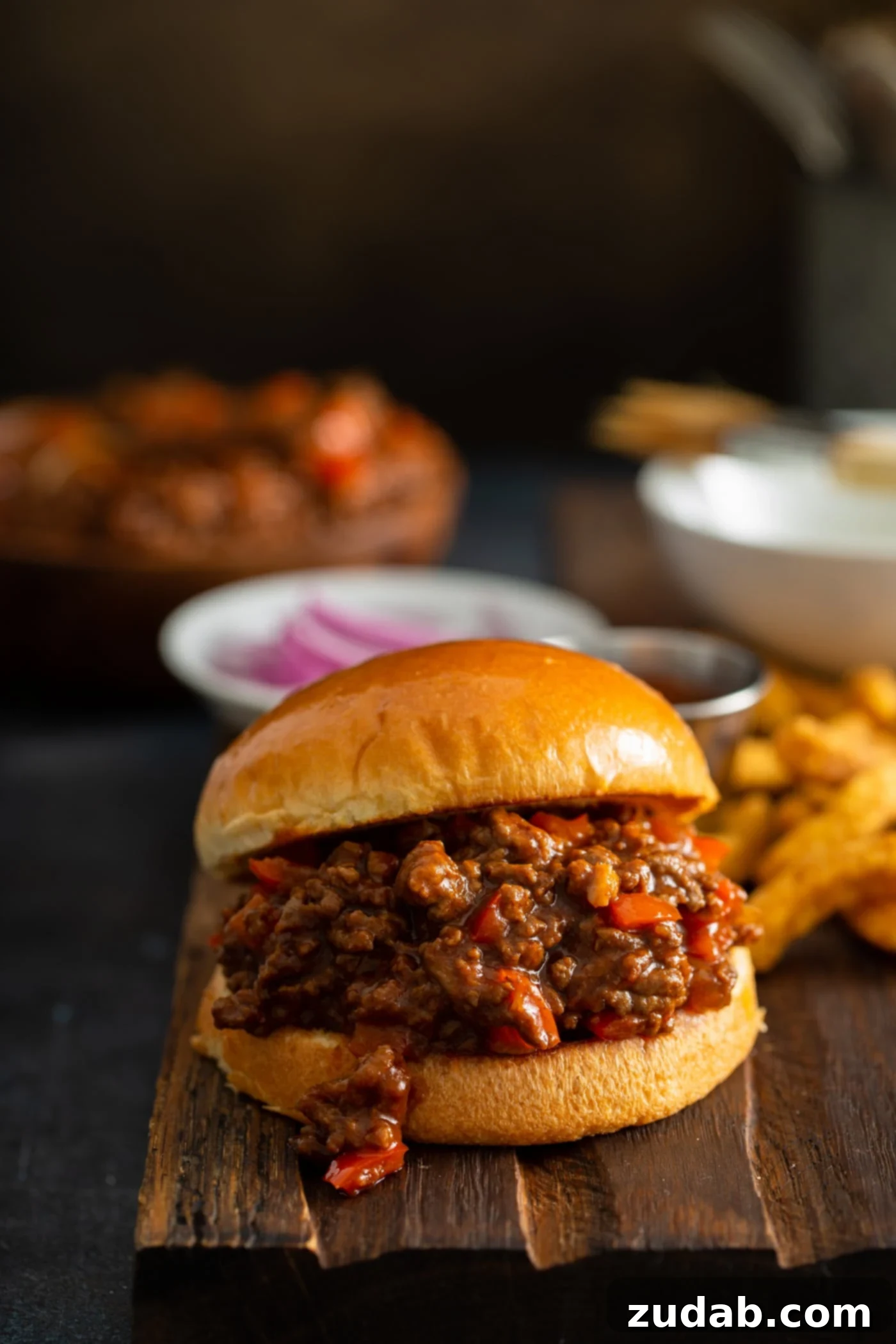 Sloppy Joe with Sides A delicious sloppy joe sandwich on a toasted bun, with browned hamburger and red bell peppers in a thick, savory sauce. French fries and a bowl of sliced red onions are in the background.