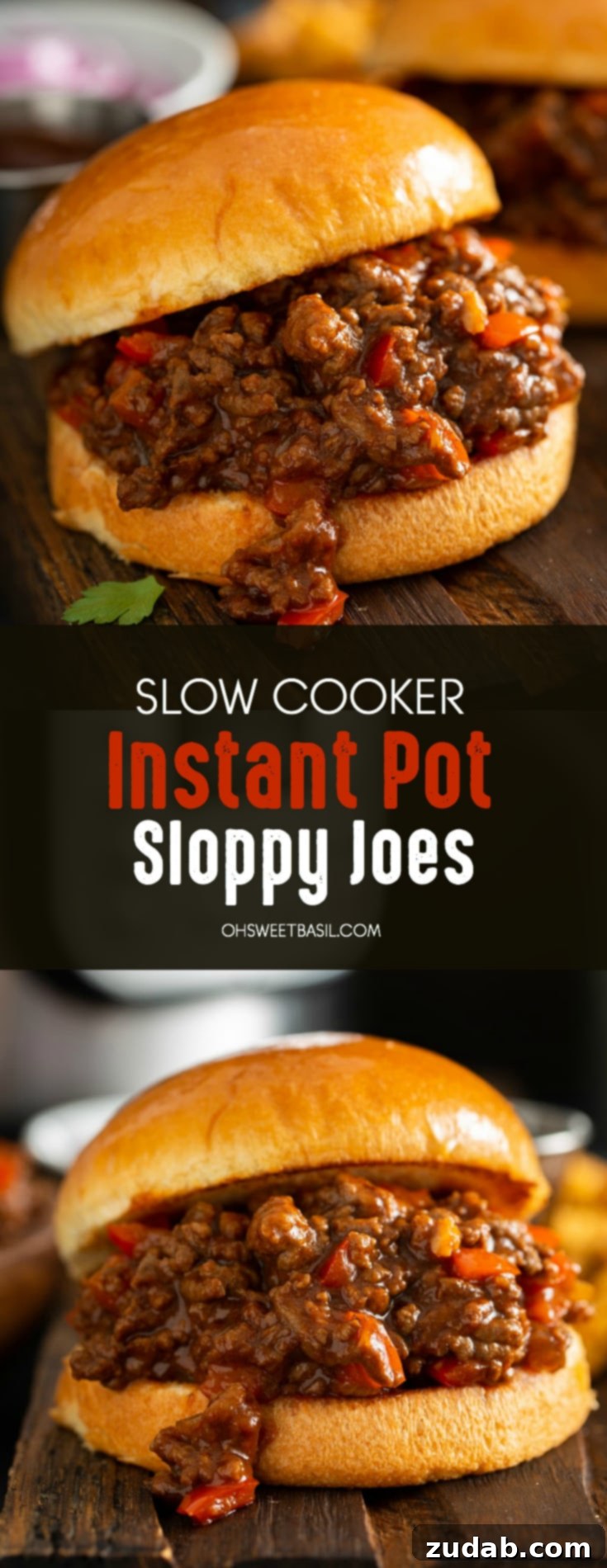 Instant Pot Sloppy Joe Perfection 2 Sloppy joe on a toasted bun. The sloppy joe filling has browned ground beef and chopped red bell peppers in a thick, sweet, and smoky sauce, with an Instant Pot in the background.