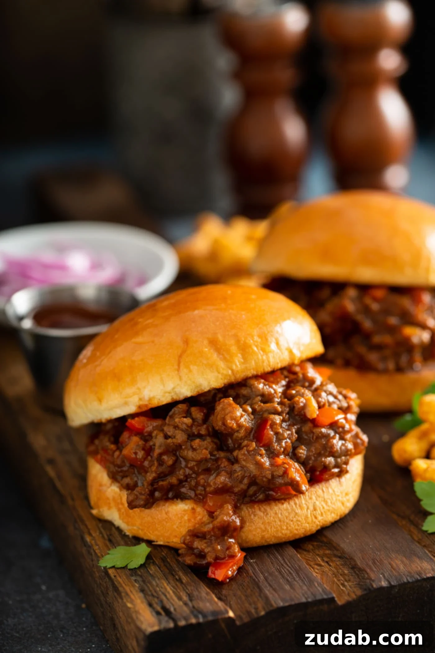 Delicious Instant Pot Sloppy Joes Two flavorful Instant Pot sloppy joes on toasted brioche buns, showcasing browned ground beef with red bell pepper in a thick, sweet and smoky sauce. Served with crispy french fries and sliced onions.