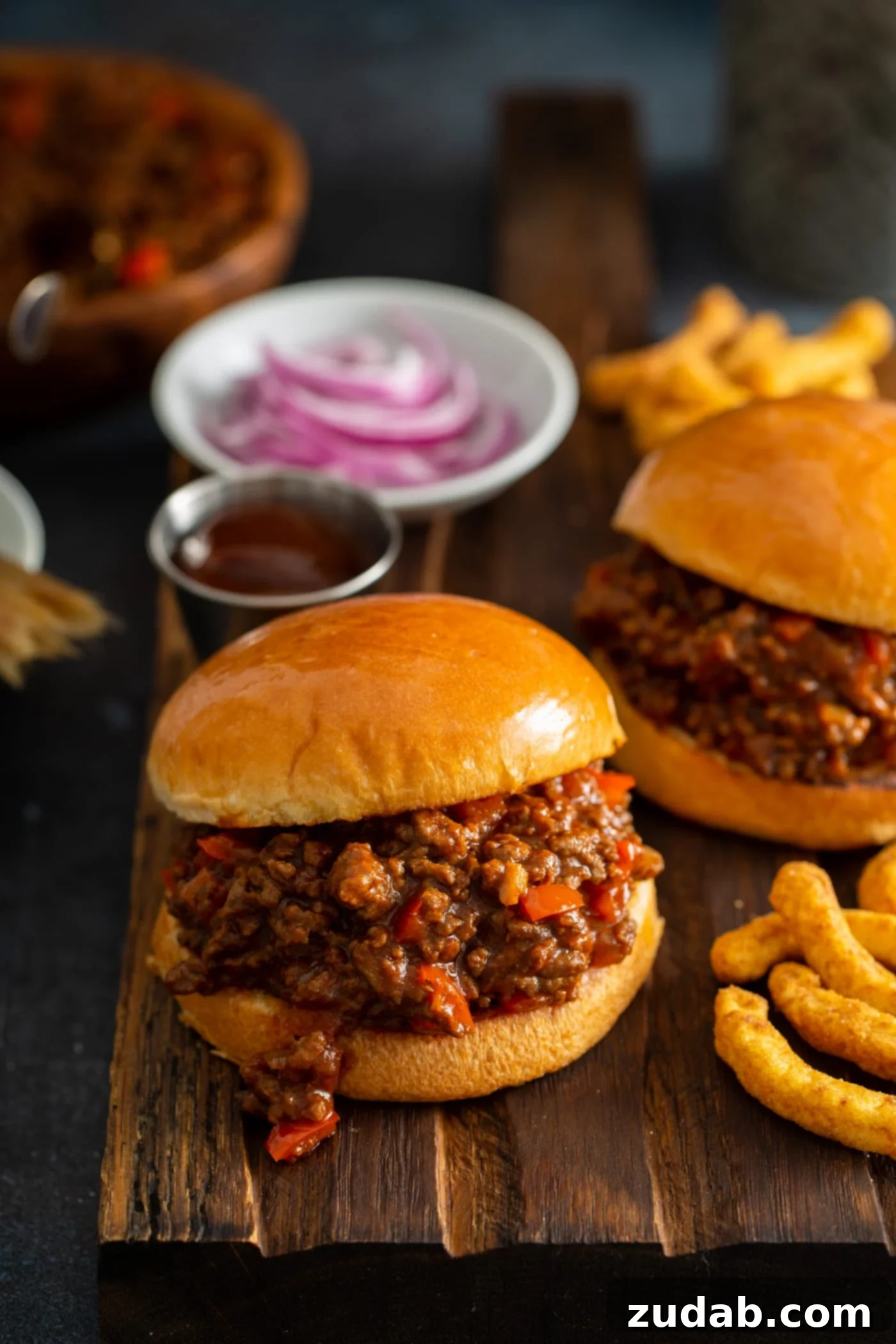 Instant Pot Sloppy Joes and Fries Two enticing sloppy joe sandwiches on toasted buns, filled with savory ground beef and red bell pepper in a rich sauce. Served alongside crispy French fries and sliced onions.