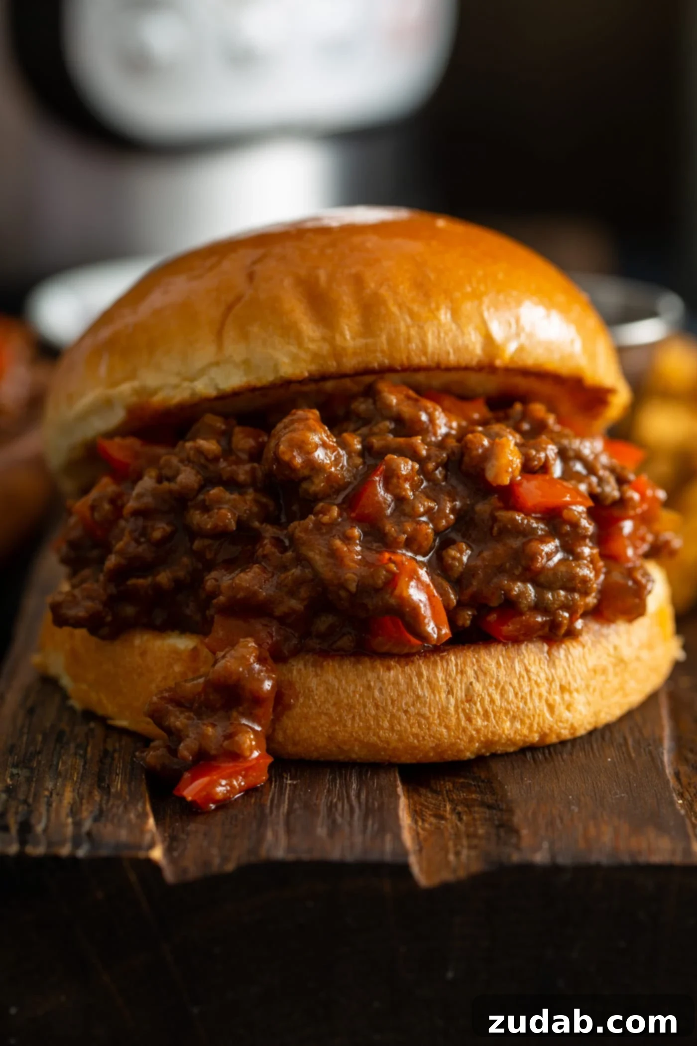 Perfect Sloppy Joe Sandwich A toasted bun overflowing with Instant Pot sloppy joe filling, featuring browned hamburger, red bell pepper, and a thick, savory sauce. An Instant Pot is visible in the background.