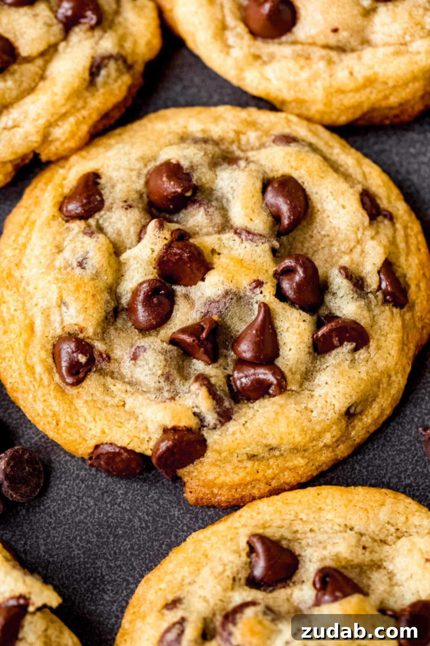 Our Favorite Chocolate Chip Cookies A close-up of a perfectly baked chocolate chip cookie on a cooling rack with other cookies. The cookie is packed with chocolate chips.